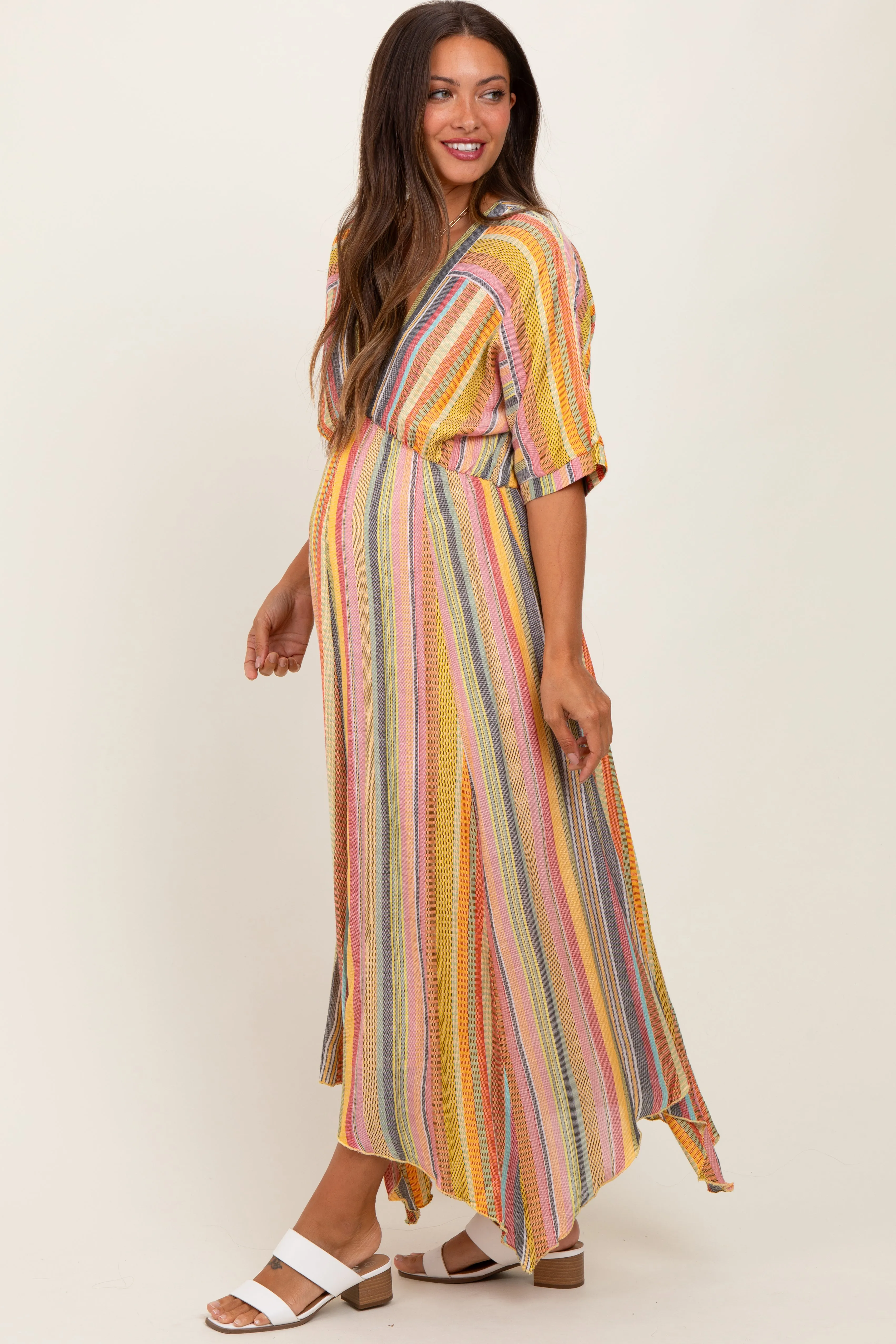 Yellow Striped Deep V-Neck Handkerchief Hem Maternity Midi Dress sold by Pinkblush product image thumbnail 2