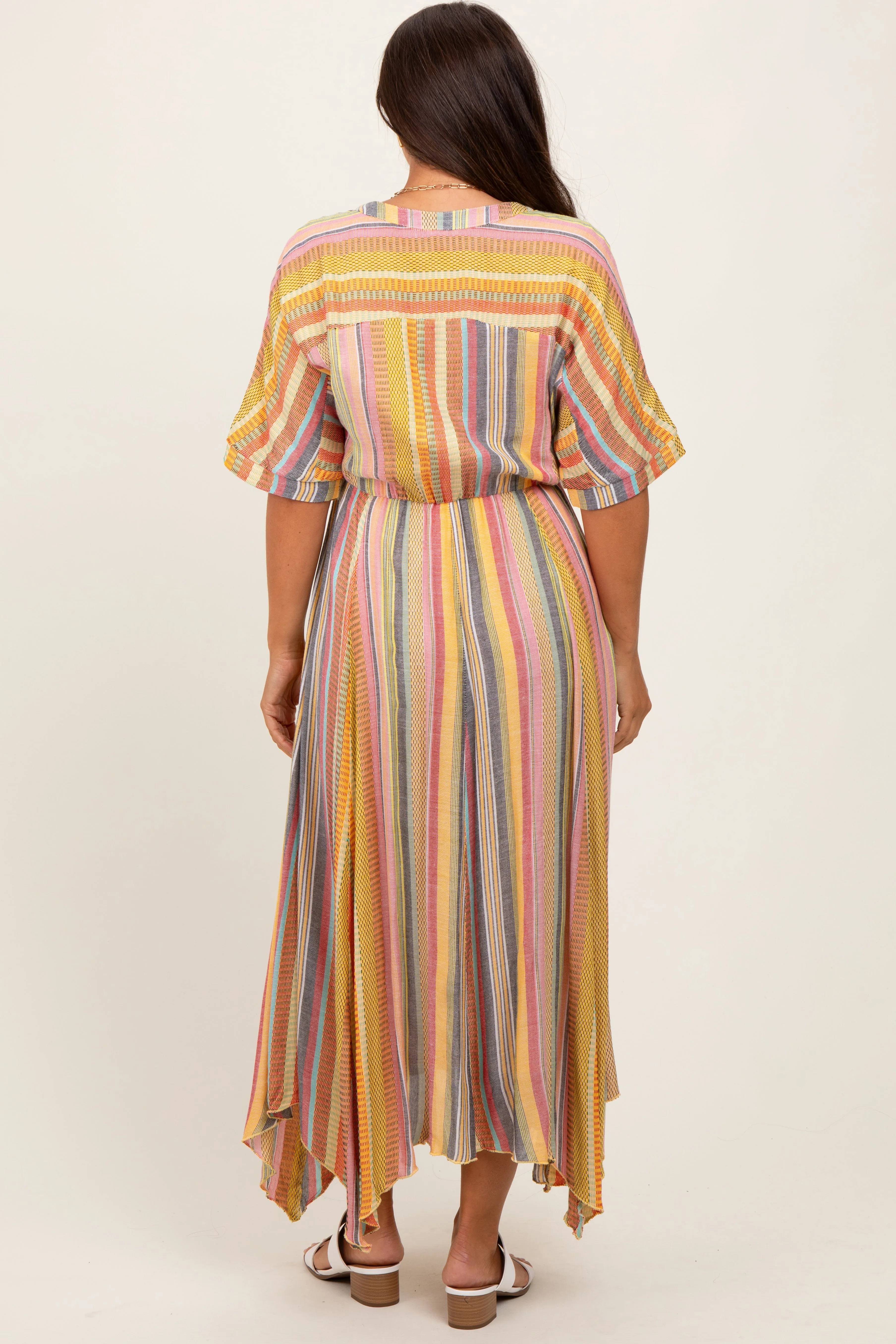 Yellow Striped Deep V-Neck Handkerchief Hem Maternity Midi Dress sold by Pinkblush product image thumbnail 3
