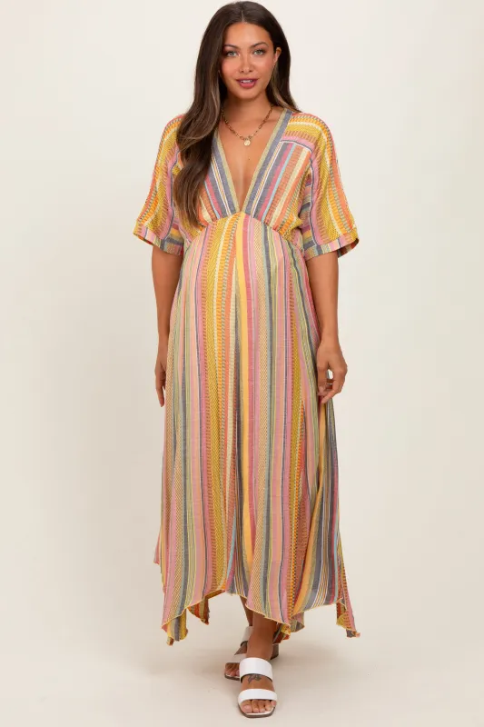 Yellow Striped Deep V-Neck Handkerchief Hem Maternity Midi Dress sold by Pinkblush