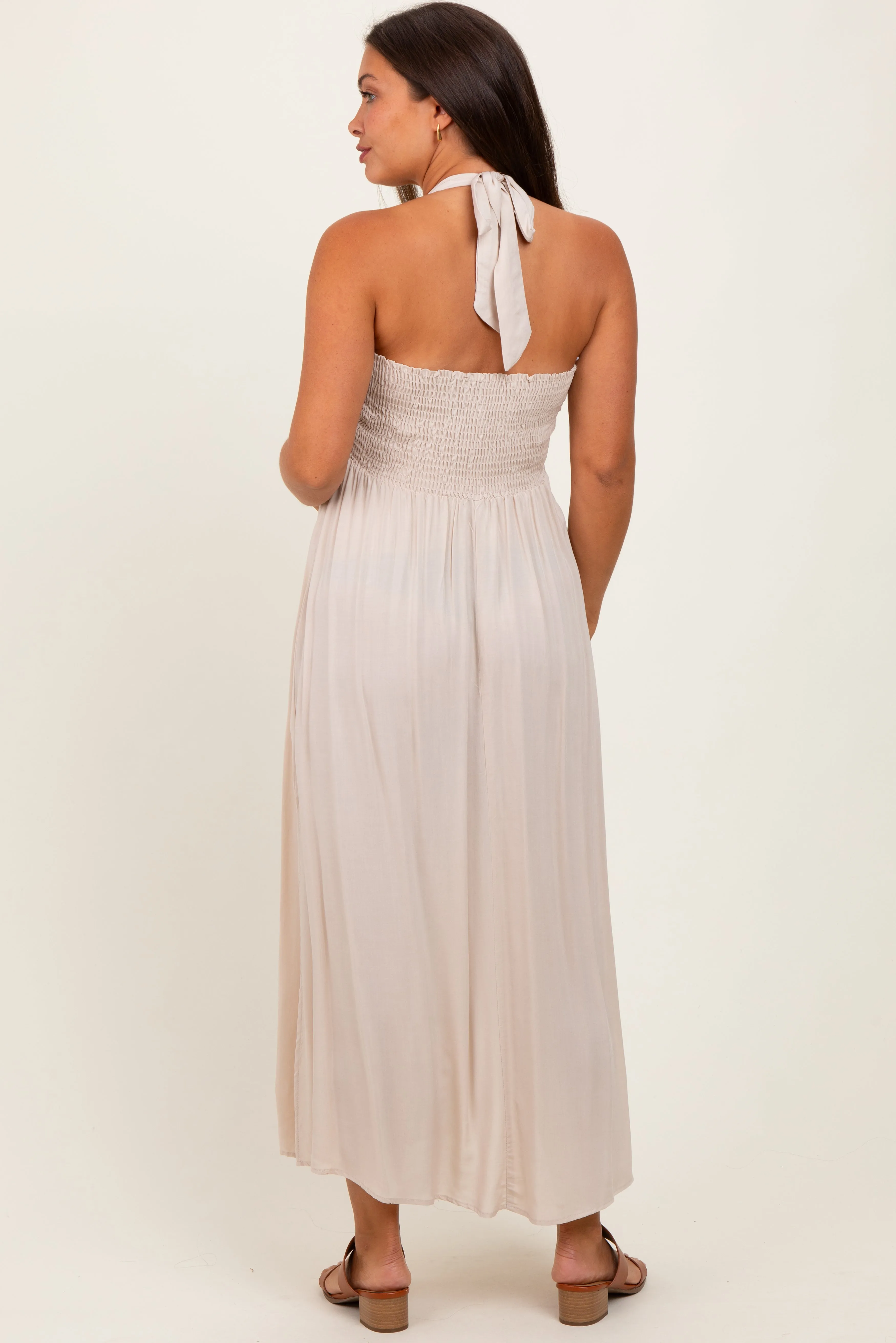 Cream Halter Neck Side Slit Maternity Midi Dress sold by Pinkblush product image thumbnail 4