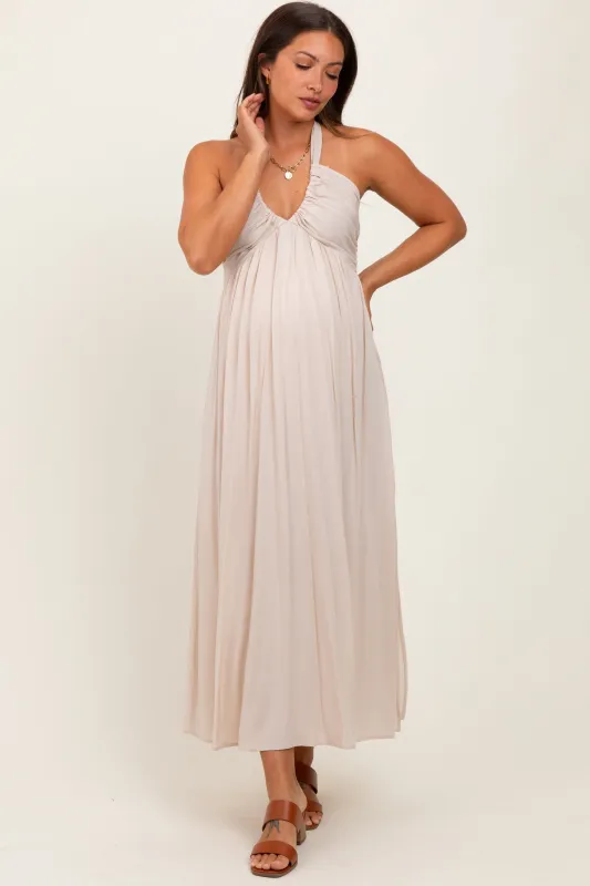 Cream Halter Neck Side Slit Maternity Midi Dress sold by Pinkblush
