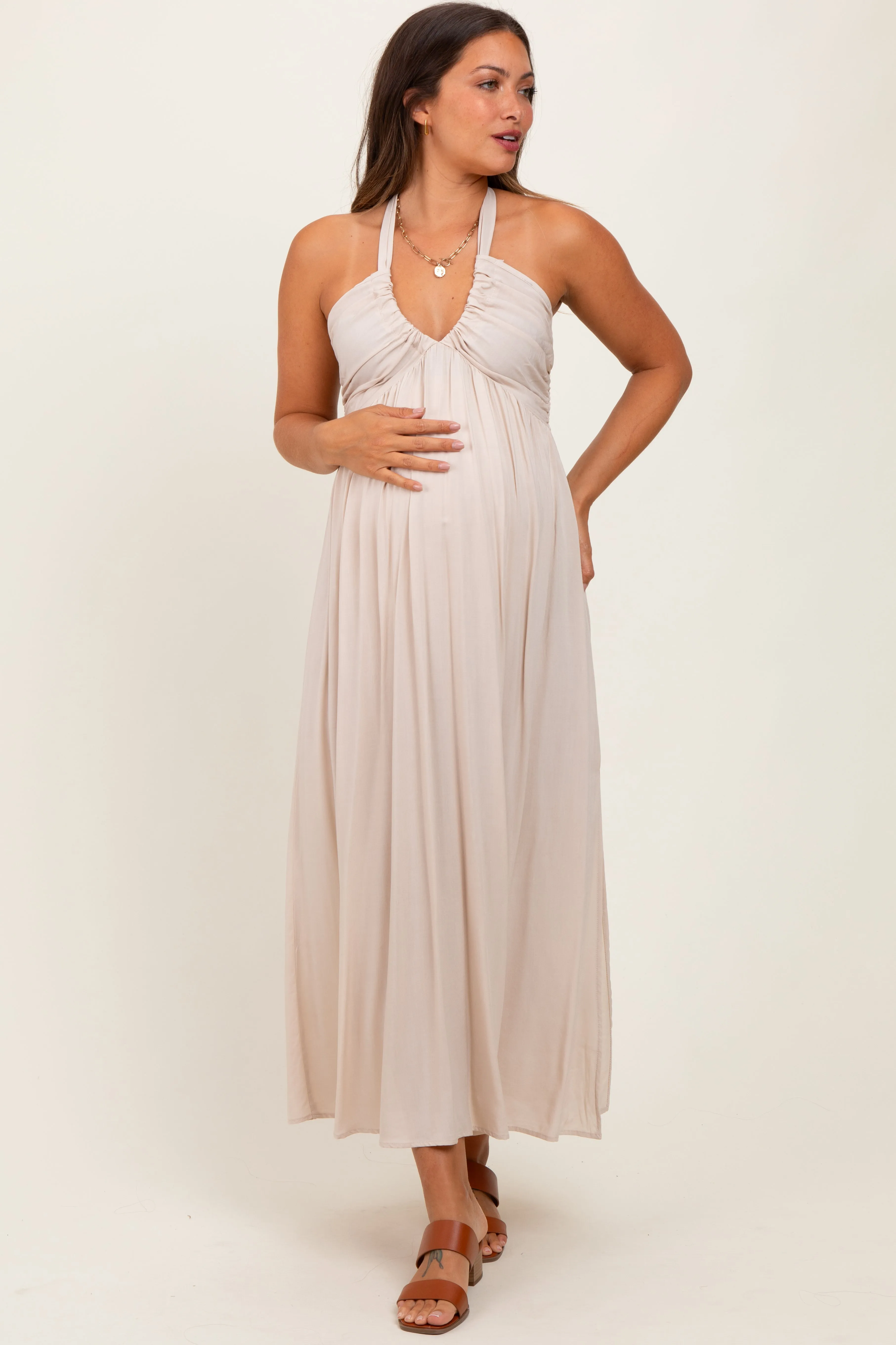 Cream Halter Neck Side Slit Maternity Midi Dress sold by Pinkblush product image thumbnail 2