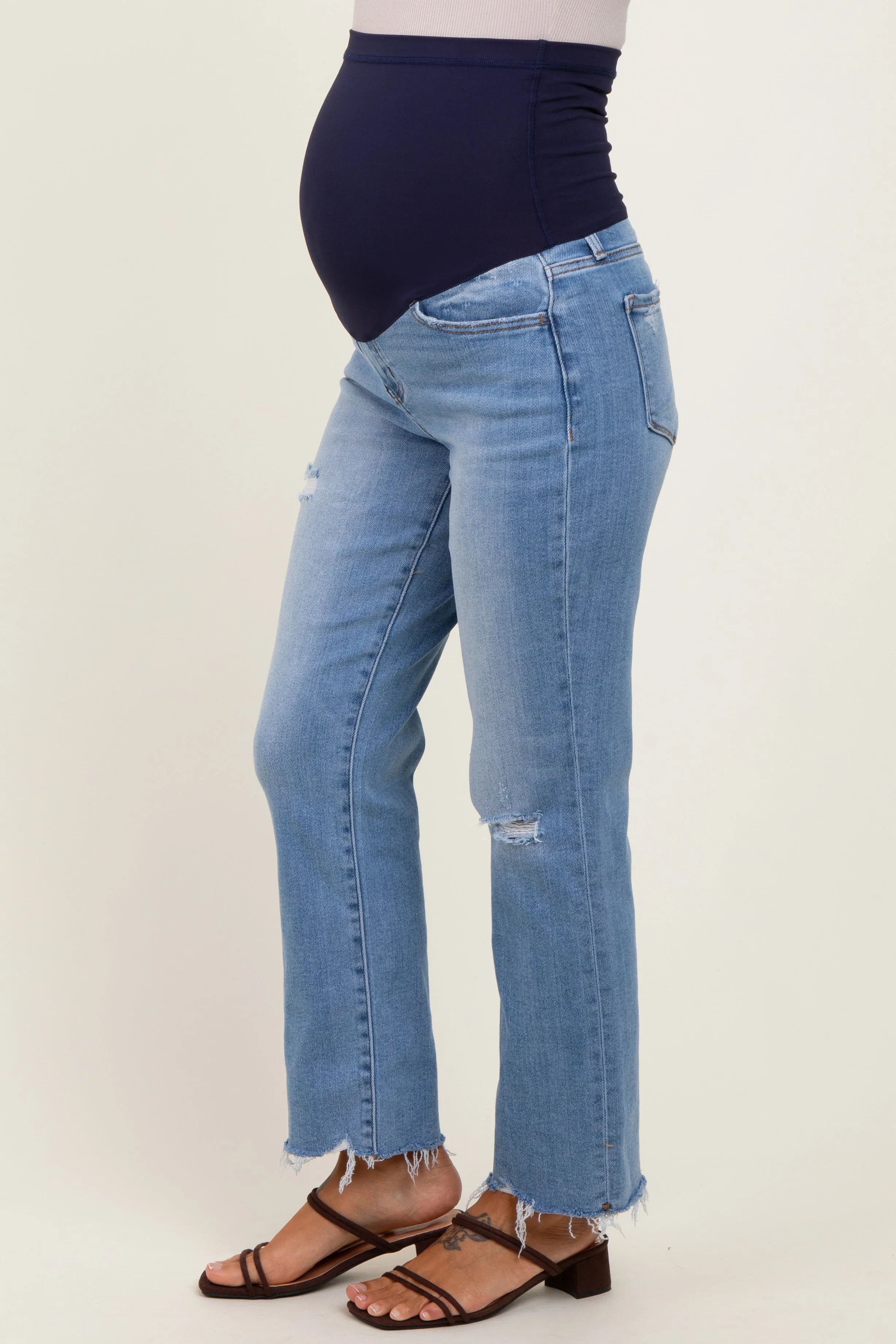 Blue Distressed Raw Hem Maternity Straight Leg Ankle Jeans sold by Pinkblush product image thumbnail 4