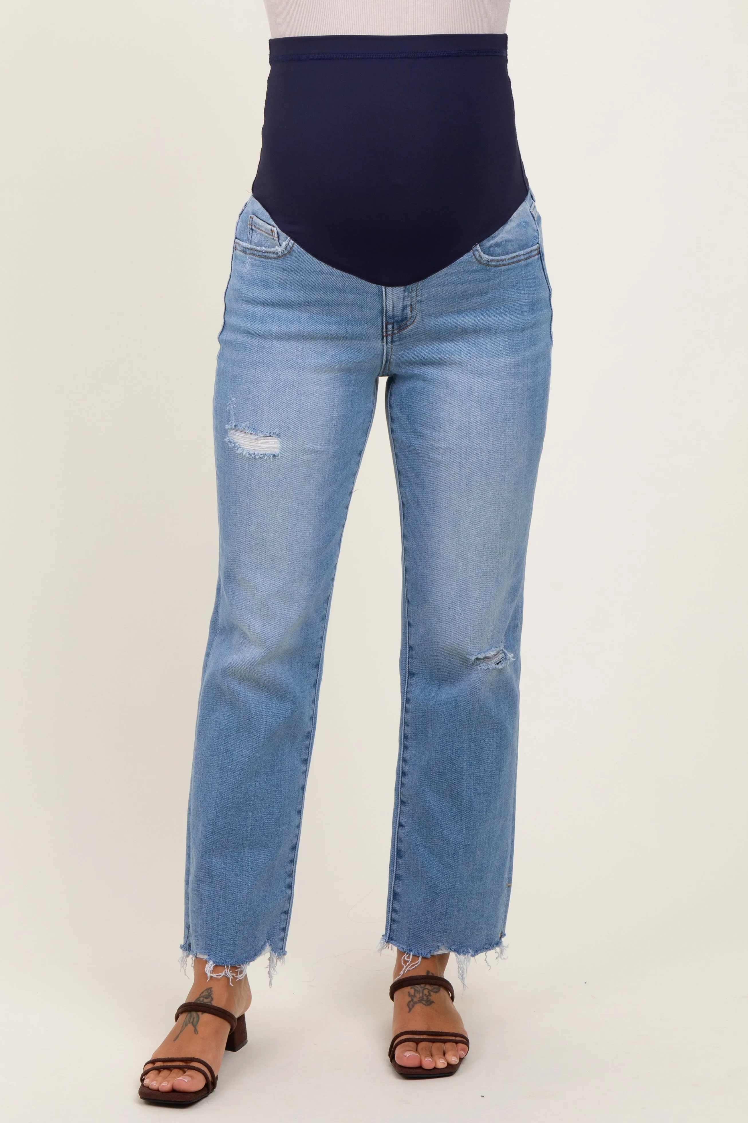 Blue Distressed Raw Hem Maternity Straight Leg Ankle Jeans sold by Pinkblush product image thumbnail 3