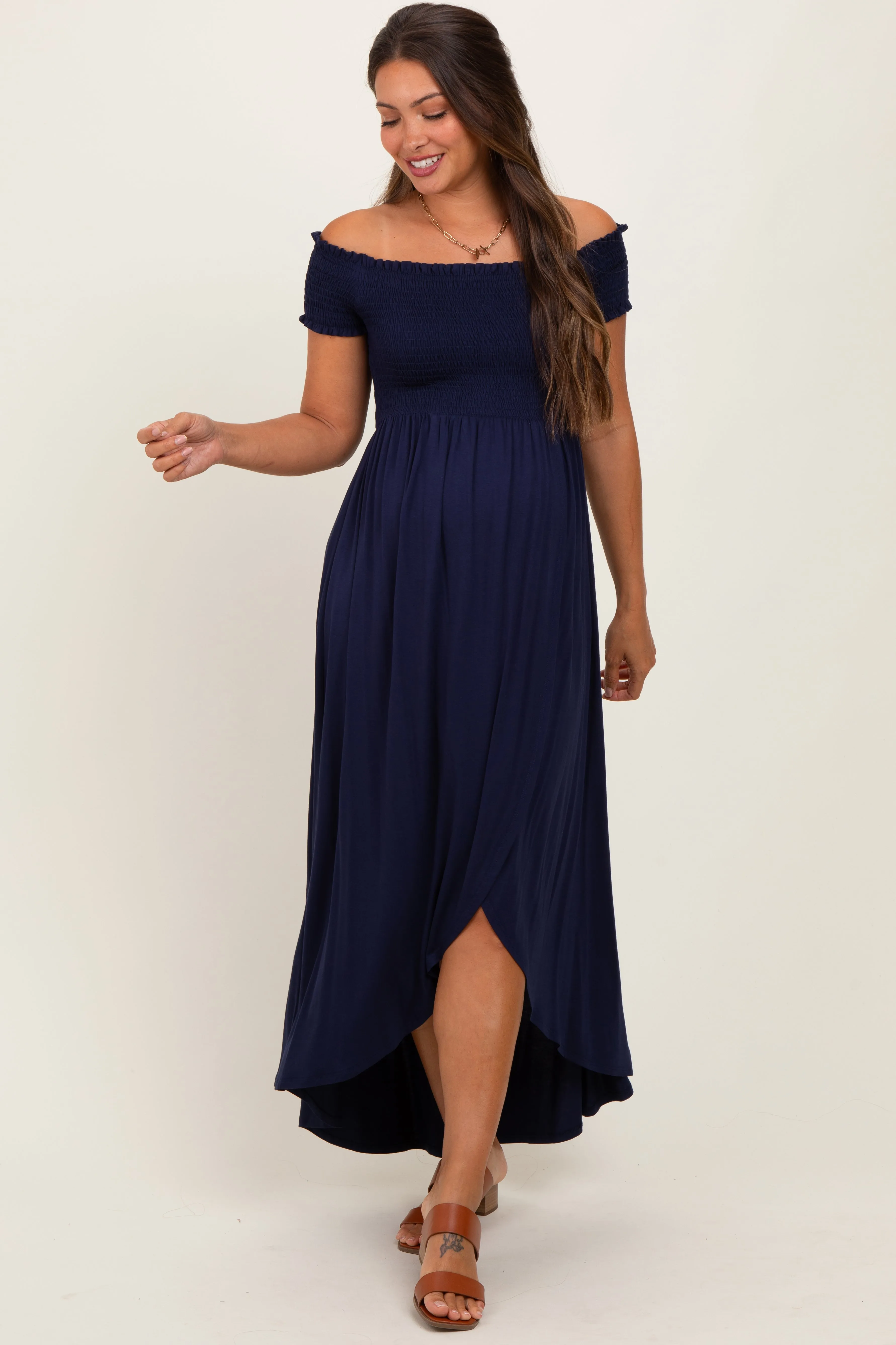 Navy Smocked Off The Shoulder Maternity Midi Dress sold by Pinkblush product image thumbnail 2
