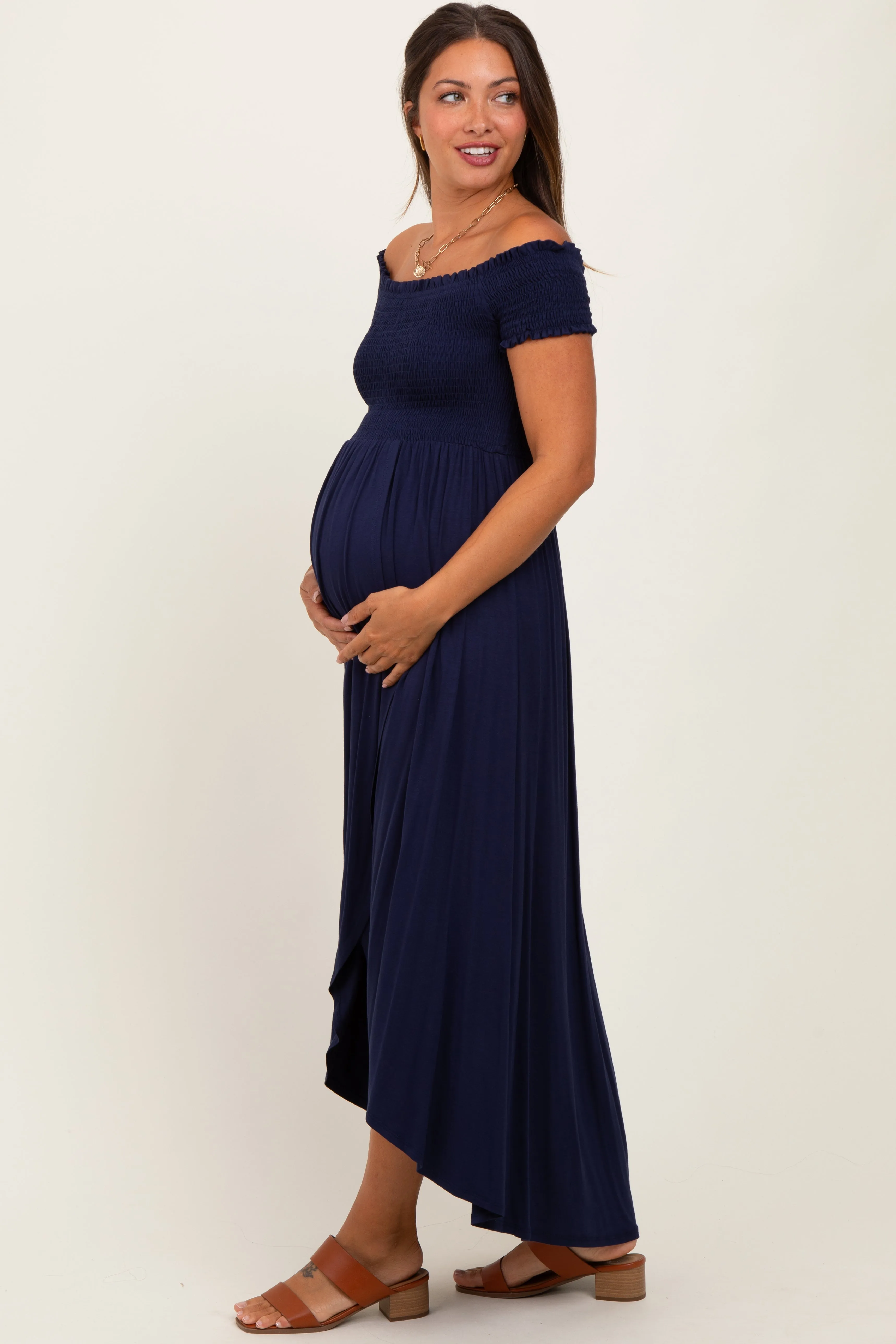 Navy Smocked Off The Shoulder Maternity Midi Dress sold by Pinkblush product image thumbnail 3