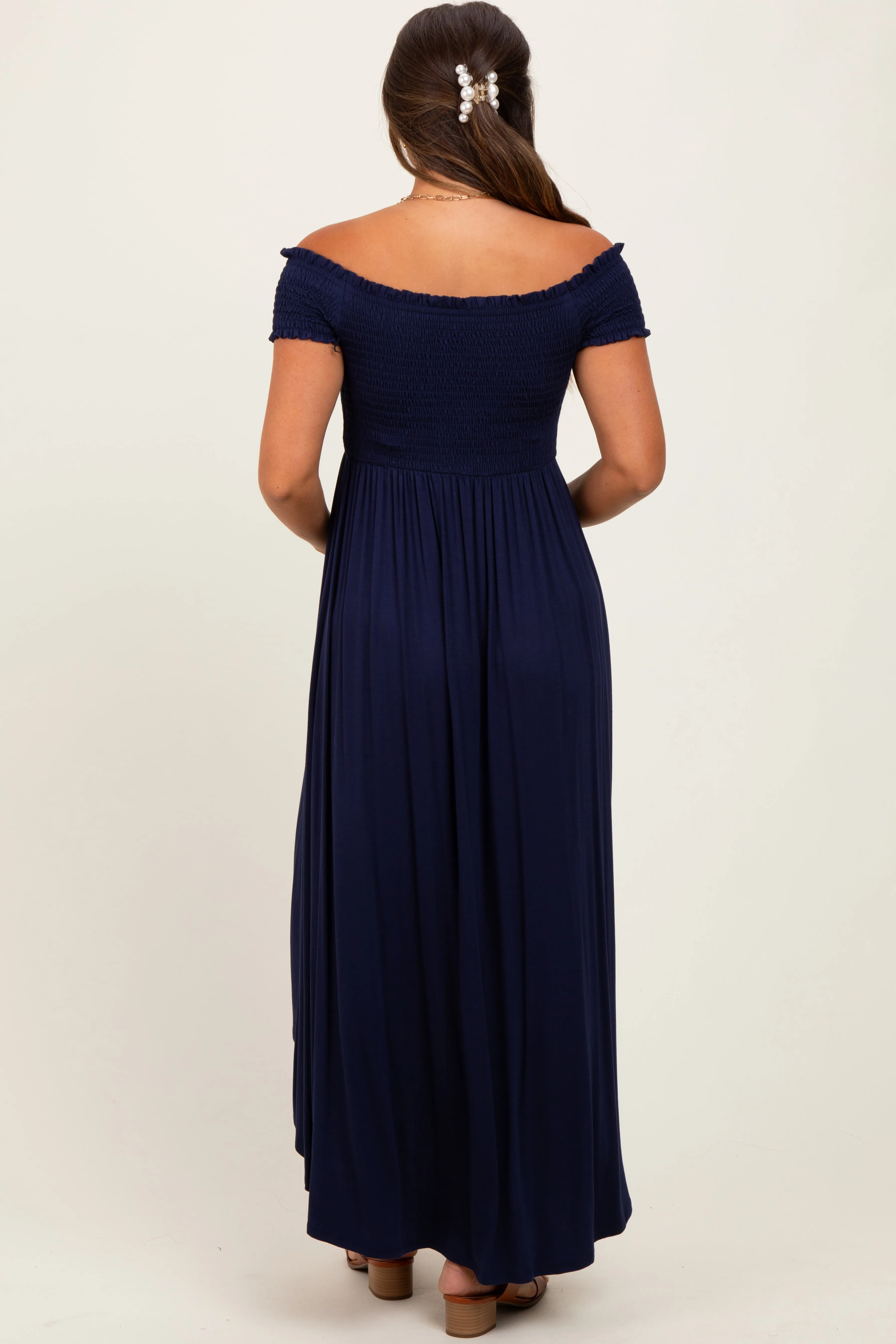 Navy Smocked Off The Shoulder Maternity Midi Dress sold by Pinkblush product image thumbnail 4