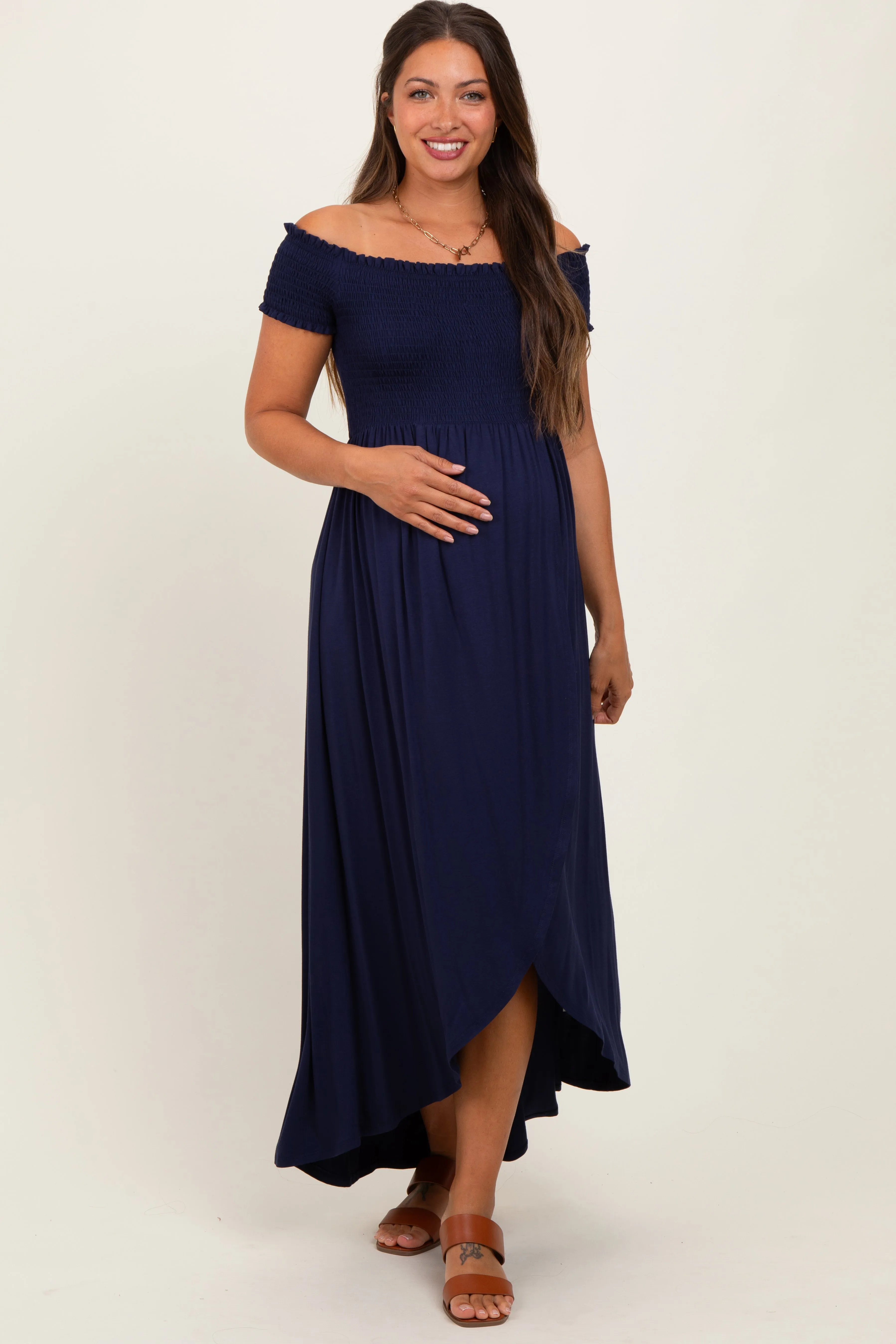 Navy Smocked Off The Shoulder Maternity Midi Dress sold by Pinkblush