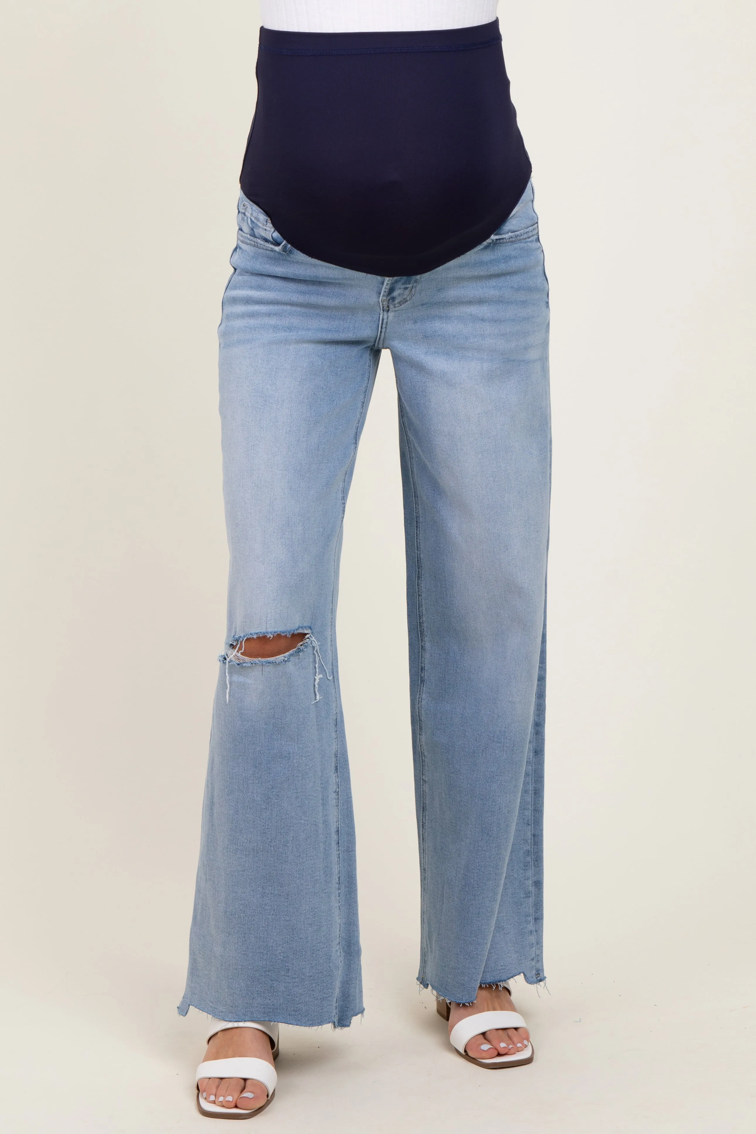 Light Blue Ripped Knee Uneven Raw Hem Wide Leg Maternity Jeans sold by Pinkblush product image thumbnail 3