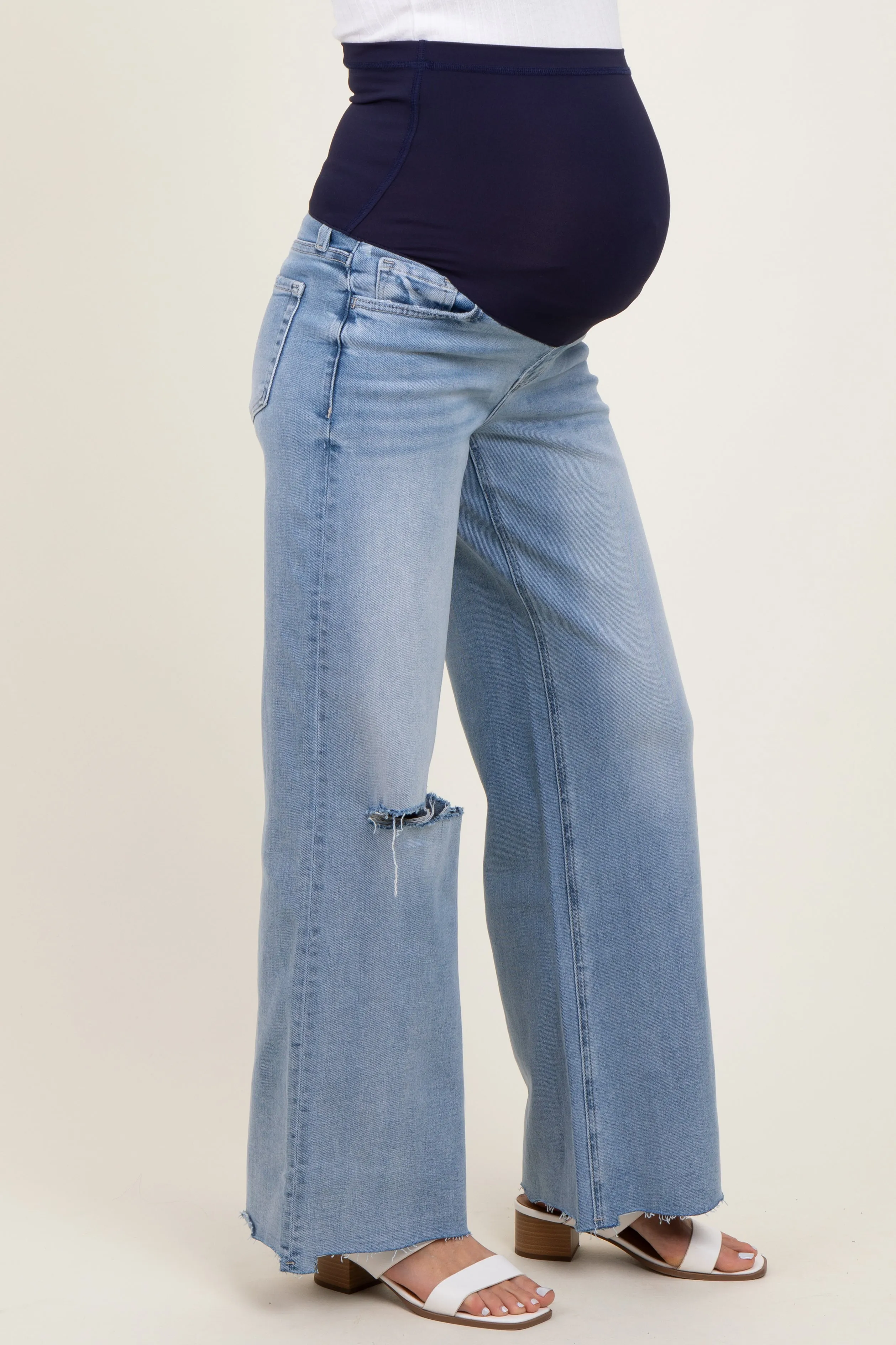 Light Blue Ripped Knee Uneven Raw Hem Wide Leg Maternity Jeans sold by Pinkblush product image thumbnail 4