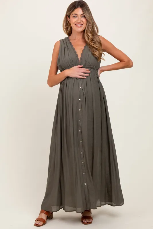 Olive Deep V-Neck Sleeveless Button Down Maternity Maxi Dress sold by Pinkblush