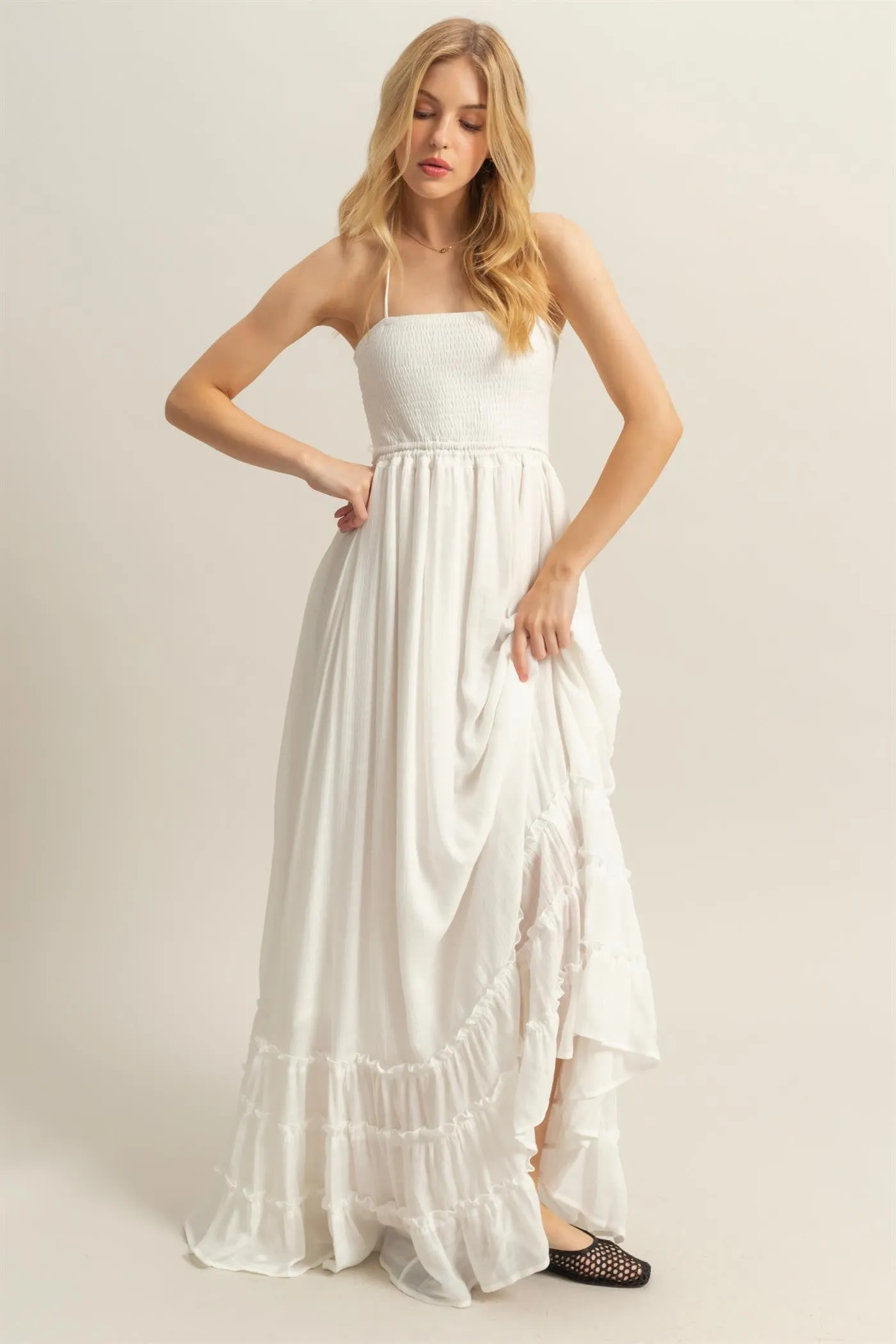 White Halter Neck Smocked Tiered Hem Maternity Maxi Dress sold by Pinkblush product image thumbnail 4