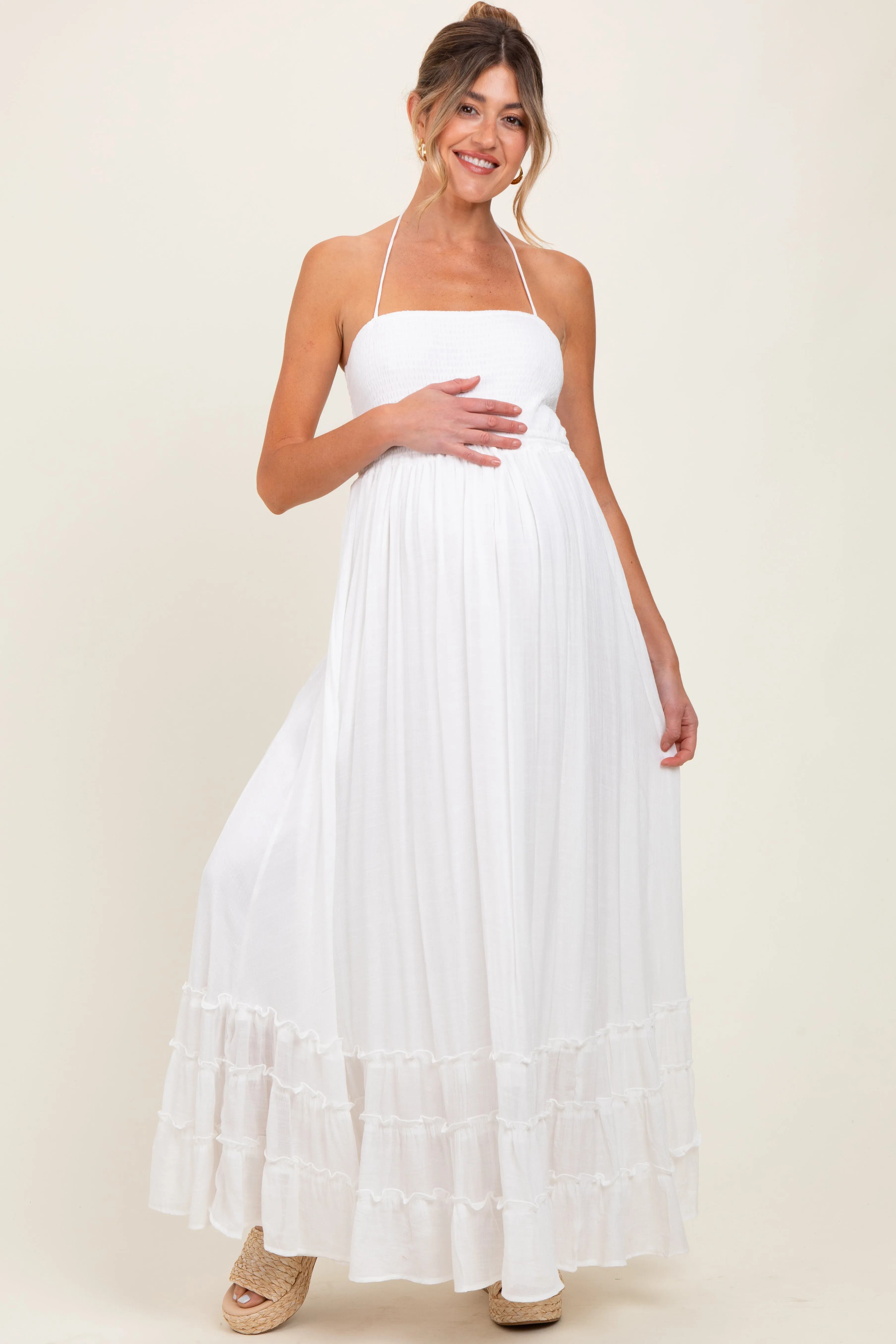 White Halter Neck Smocked Tiered Hem Maternity Maxi Dress sold by Pinkblush
