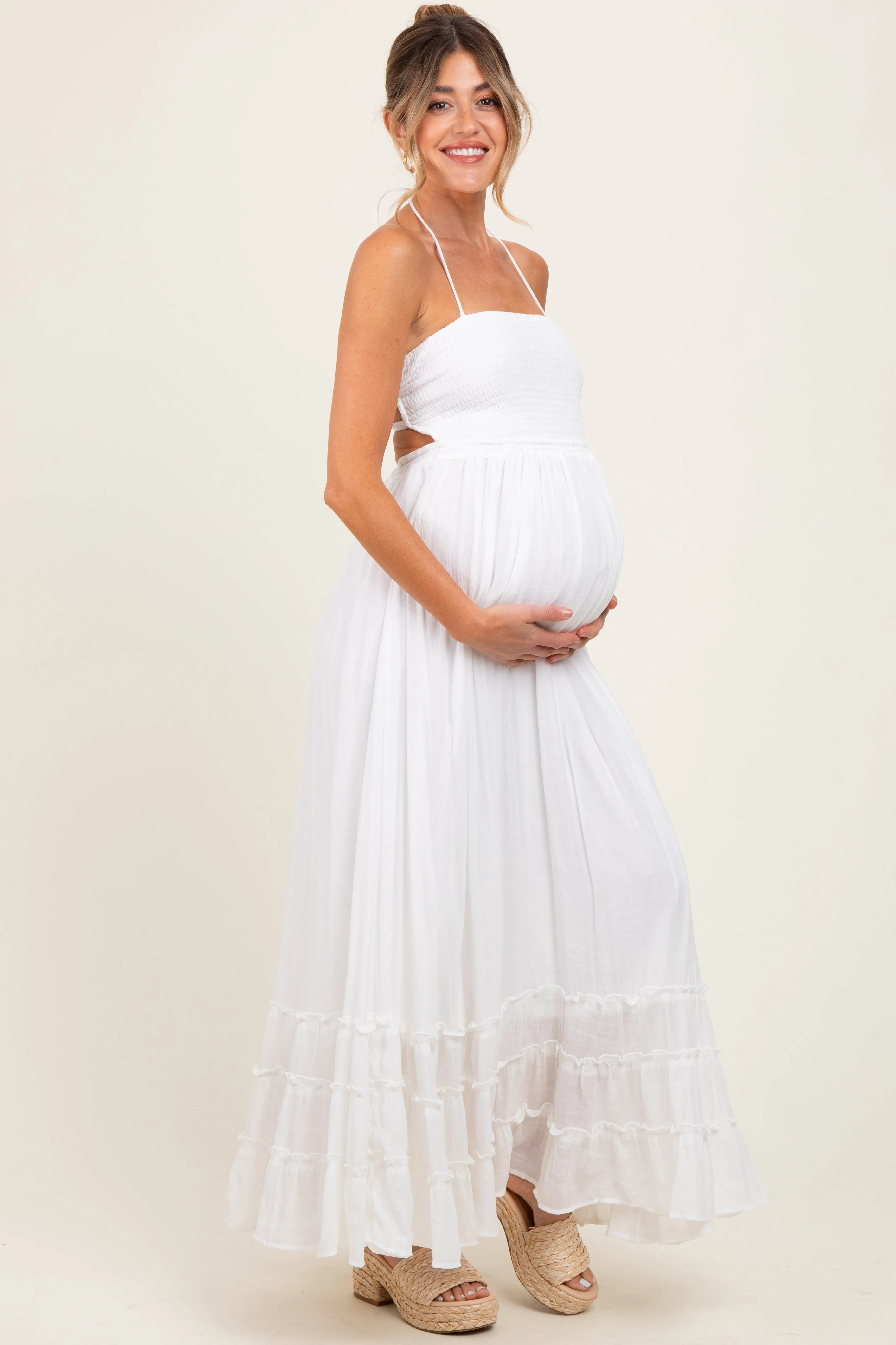 White Halter Neck Smocked Tiered Hem Maternity Maxi Dress sold by Pinkblush product image thumbnail 2