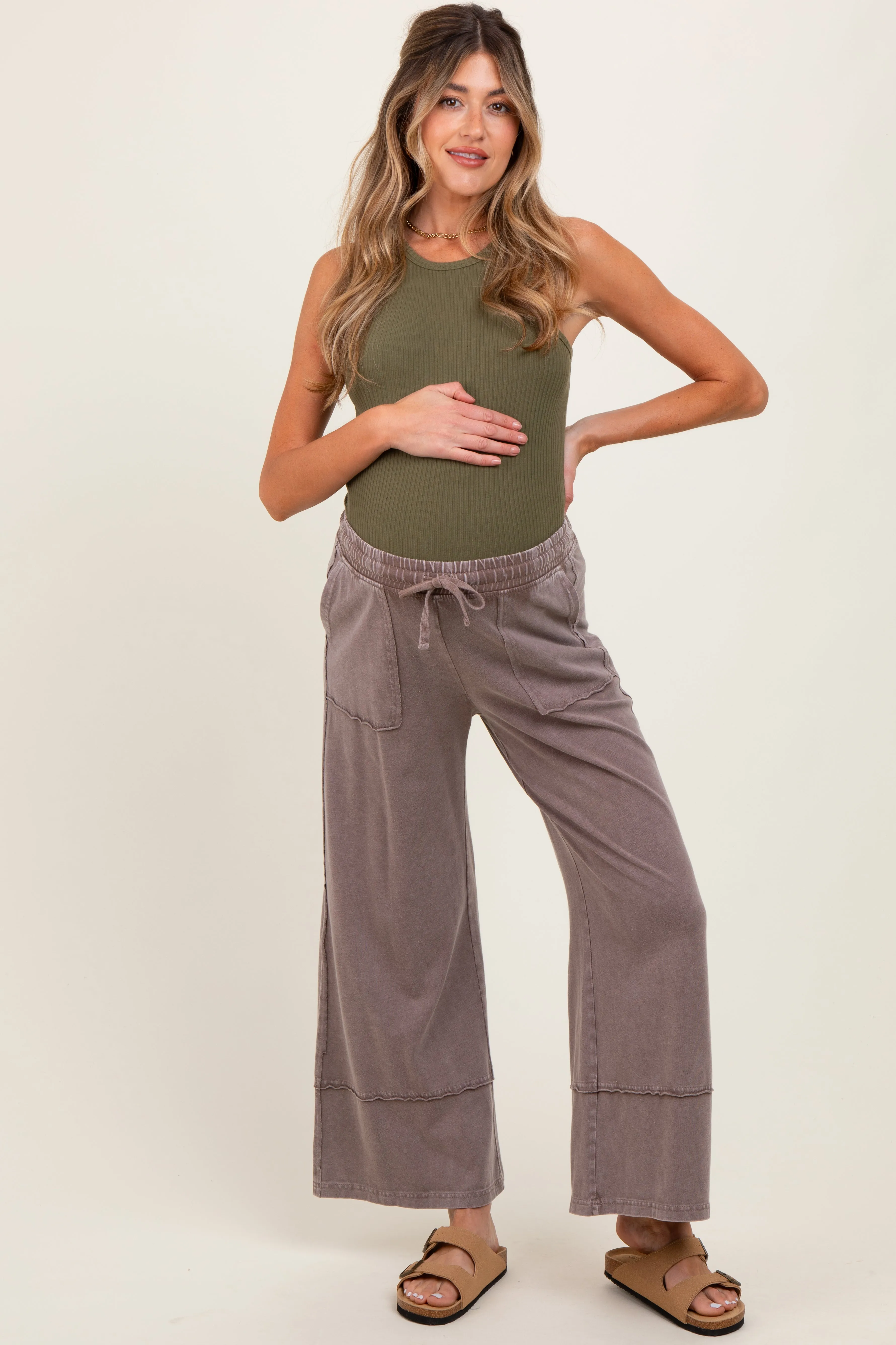 Mocha Mineral Wash Wide Leg Ankle Maternity Pants sold by Pinkblush product image thumbnail 2