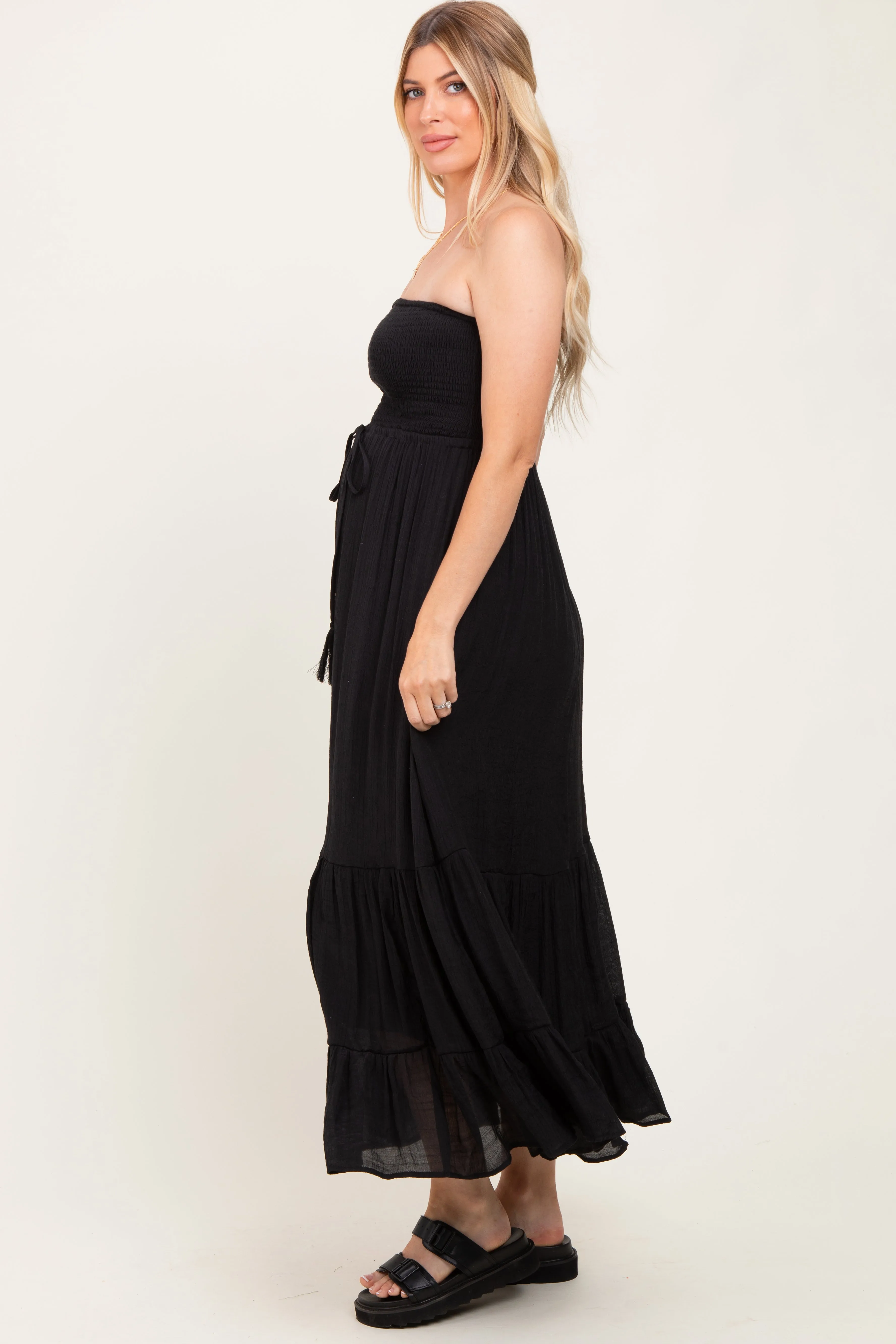 Black Smocked Strapless Front Tie Maternity Maxi Dress sold by Pinkblush product image thumbnail 3
