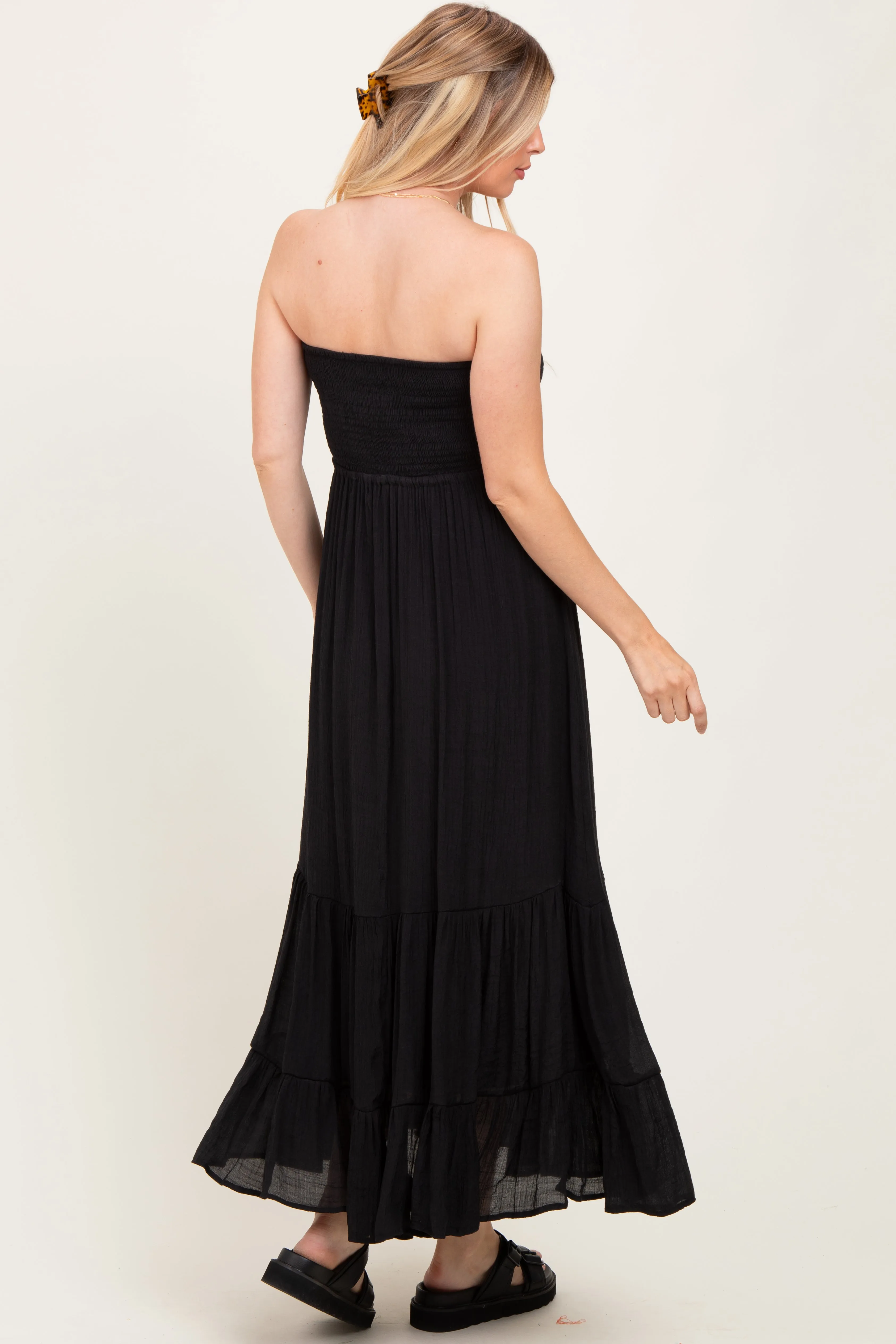 Black Smocked Strapless Front Tie Maternity Maxi Dress sold by Pinkblush product image thumbnail 4
