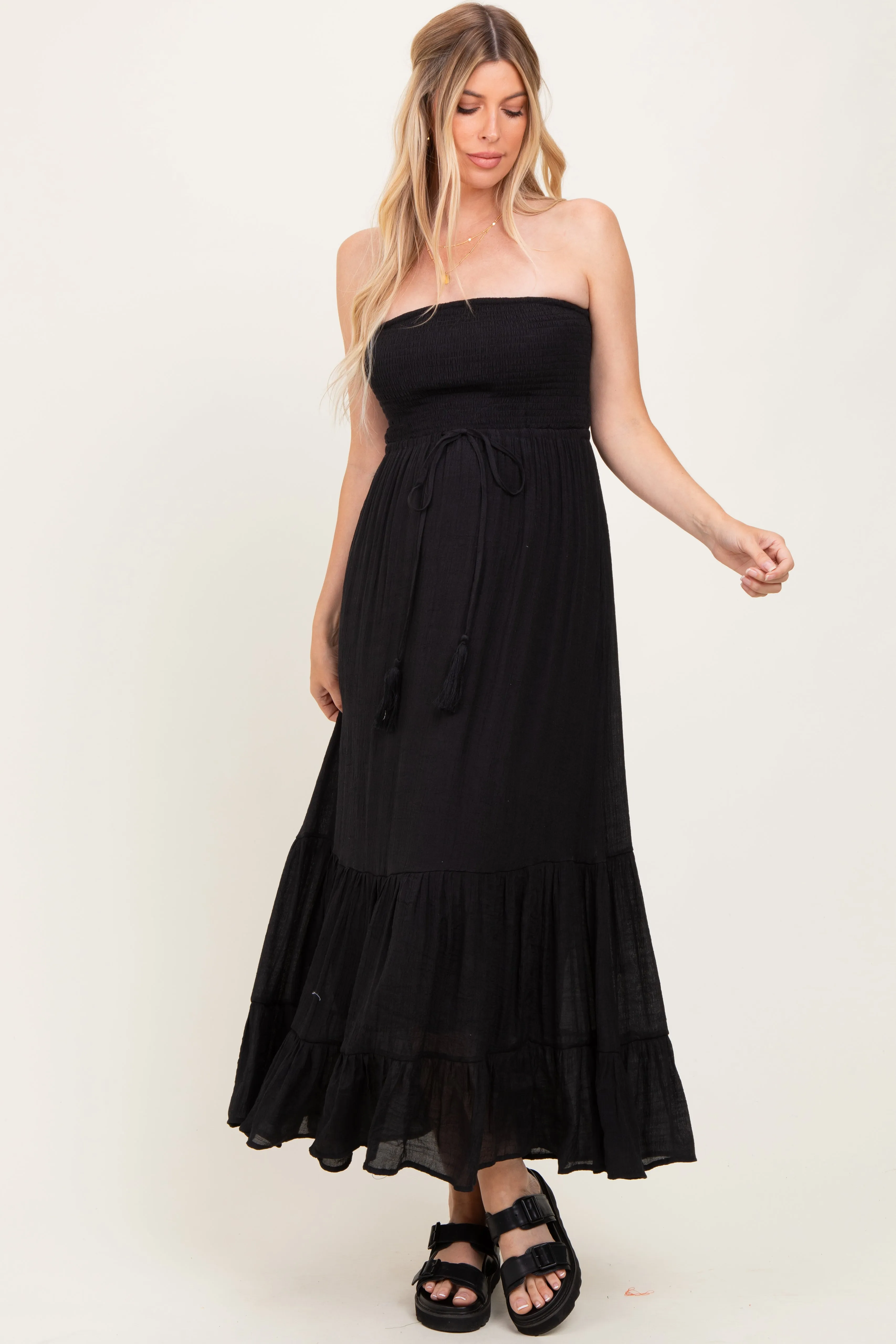 Black Smocked Strapless Front Tie Maternity Maxi Dress sold by Pinkblush