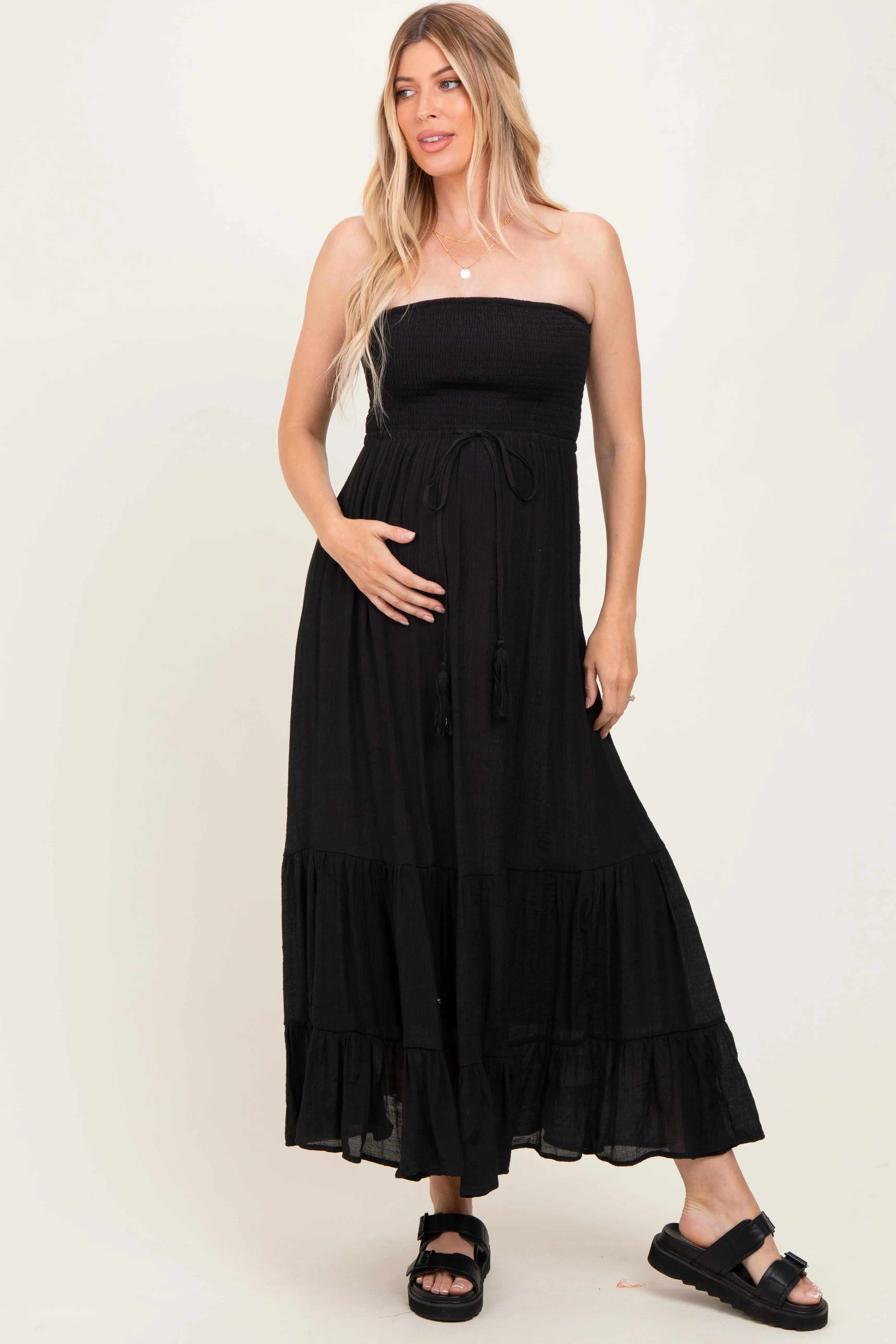Black Smocked Strapless Front Tie Maternity Maxi Dress sold by Pinkblush product image thumbnail 2