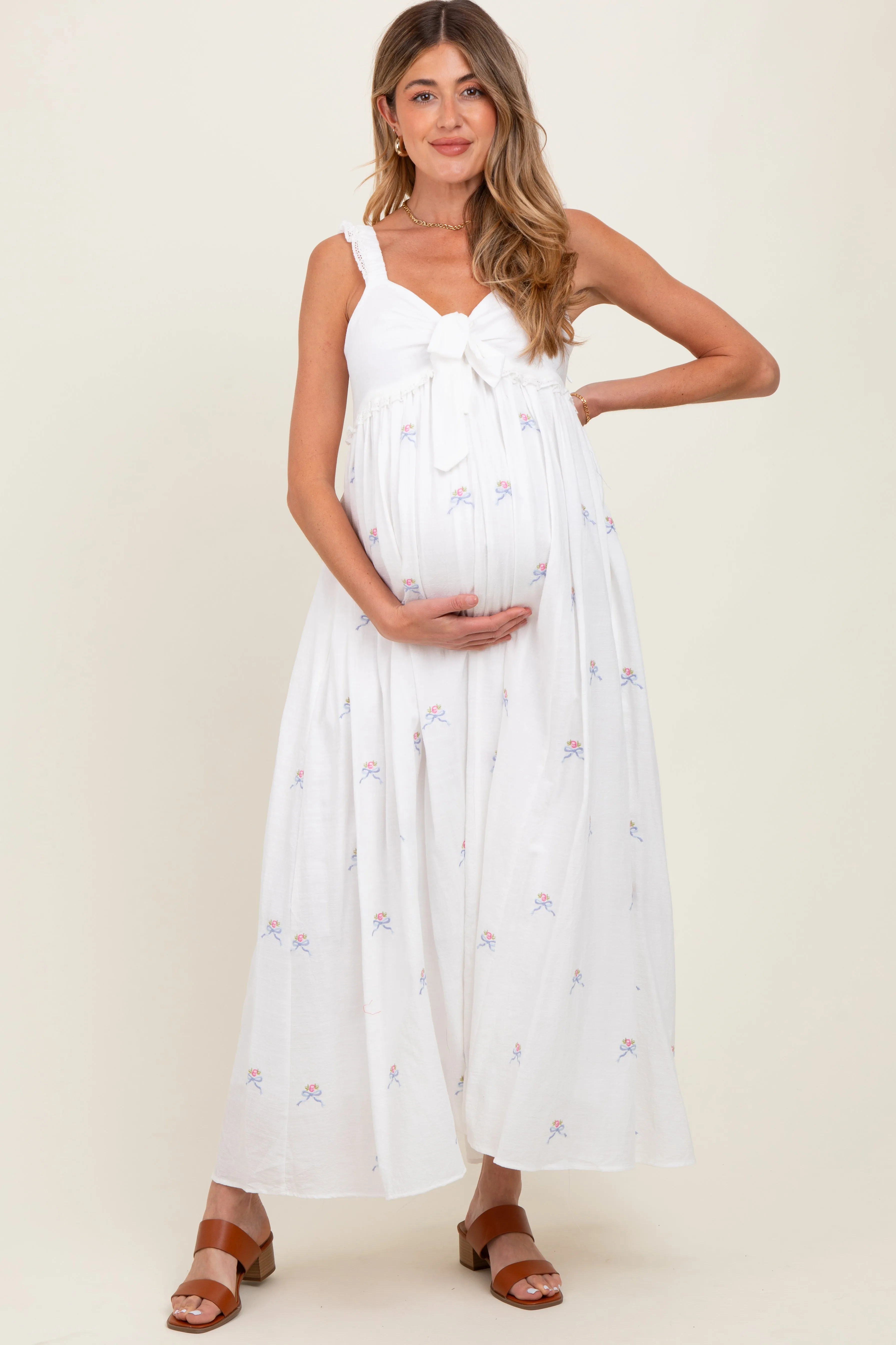 White Embroidered Front Bow Tie Maternity Maxi Dress sold by Pinkblush product image thumbnail 2