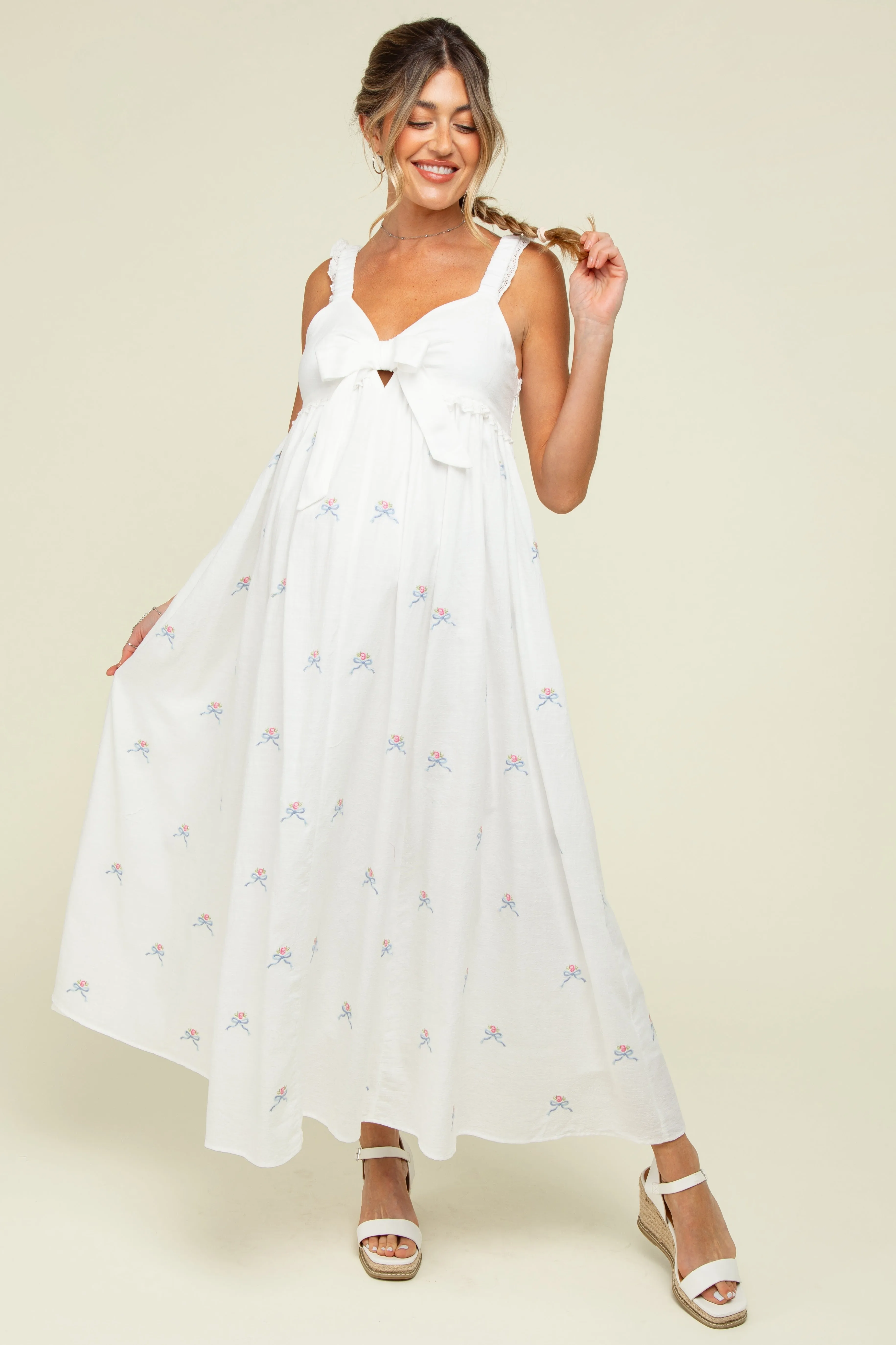 White Embroidered Front Bow Tie Maternity Maxi Dress sold by Pinkblush