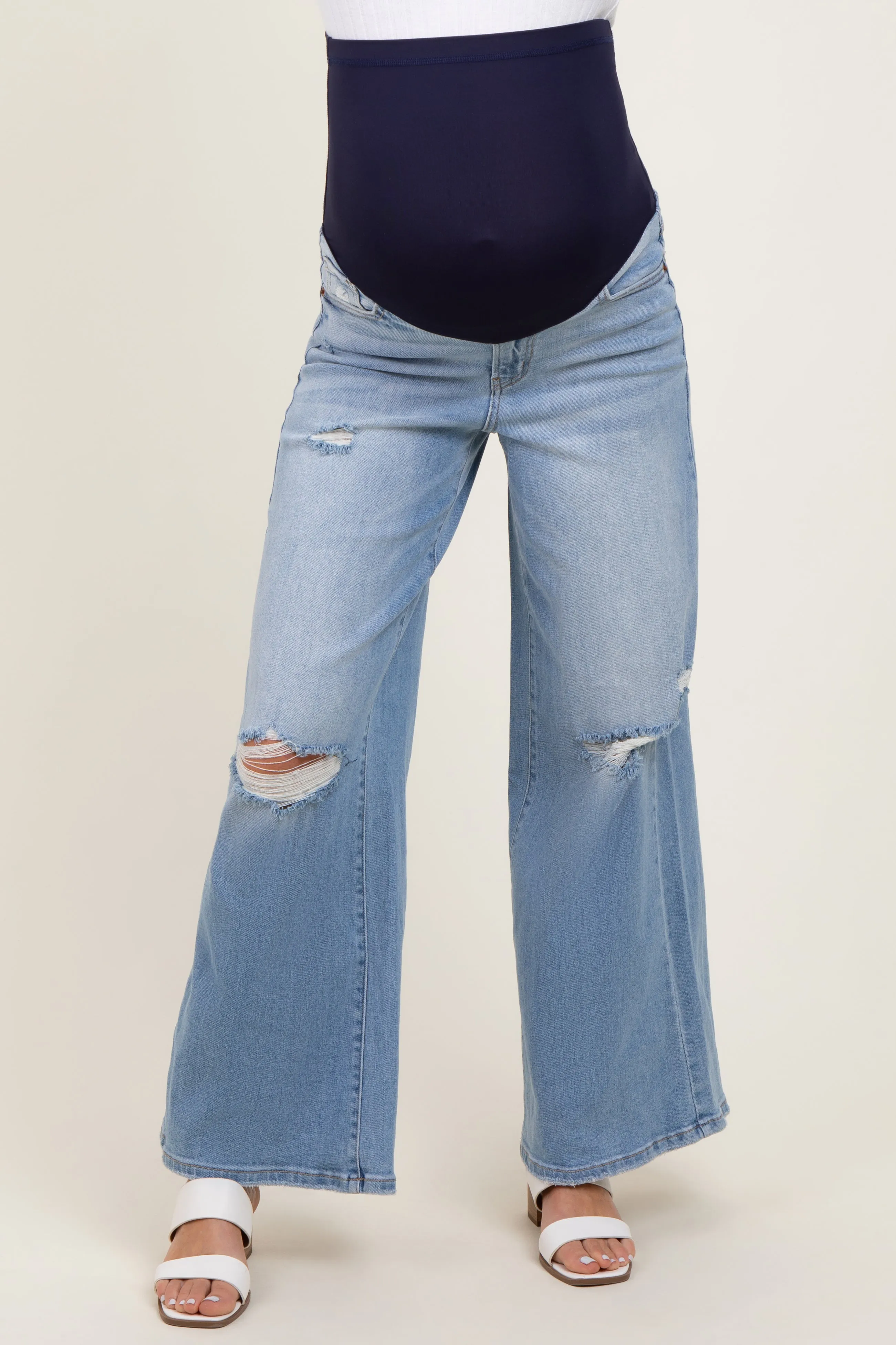 Light Blue Ripped Knee Baggy Wide Leg Maternity Jeans sold by Pinkblush product image thumbnail 3