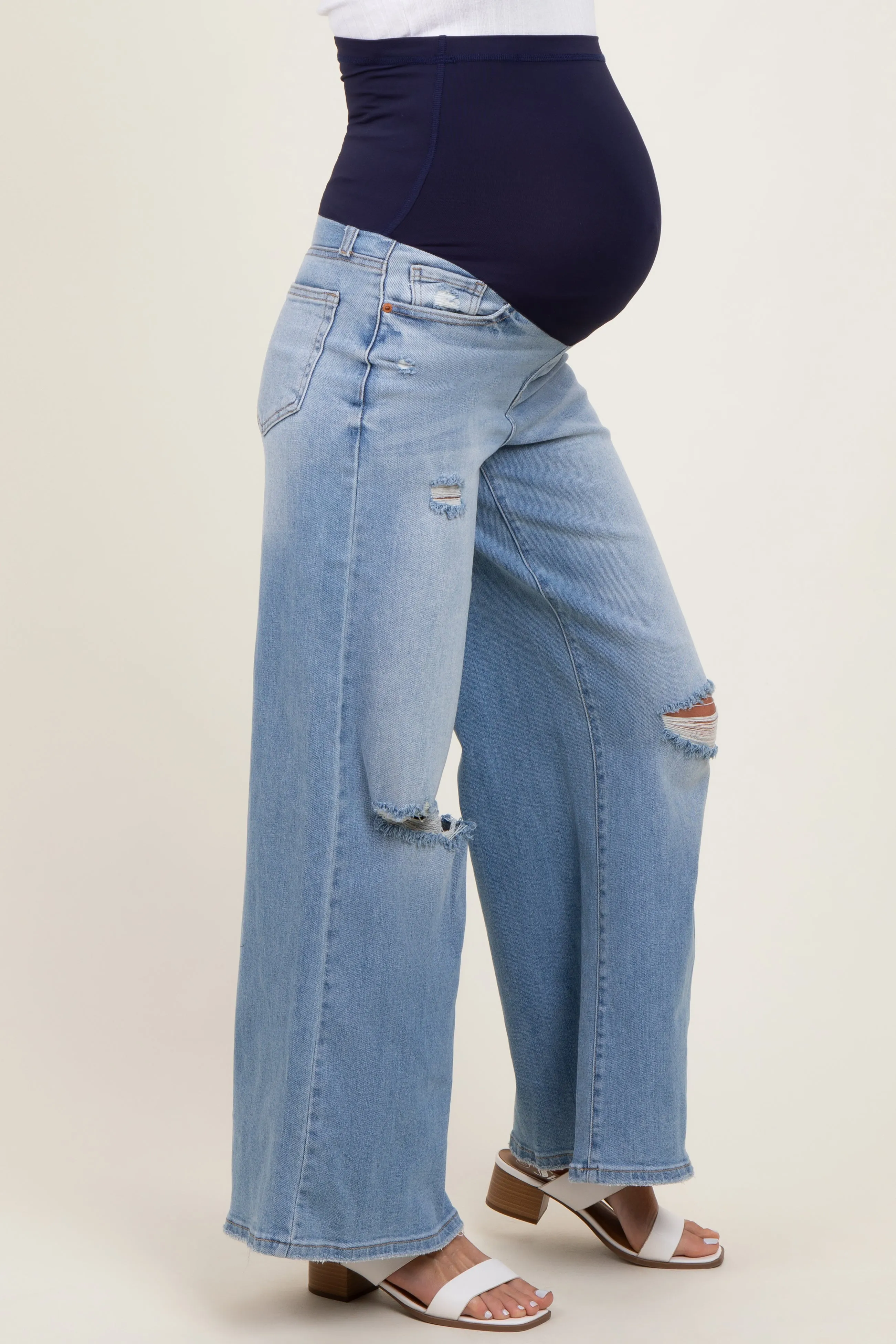 Light Blue Ripped Knee Baggy Wide Leg Maternity Jeans sold by Pinkblush product image thumbnail 4