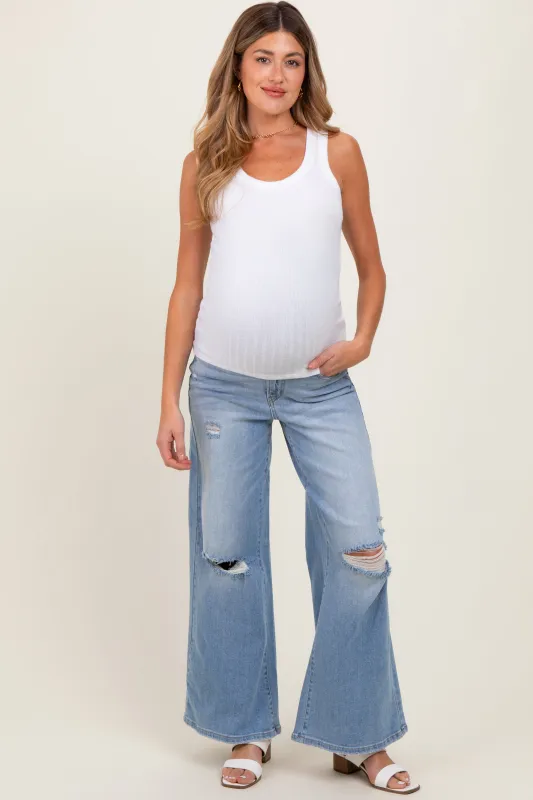 Light Blue Ripped Knee Baggy Wide Leg Maternity Jeans sold by Pinkblush