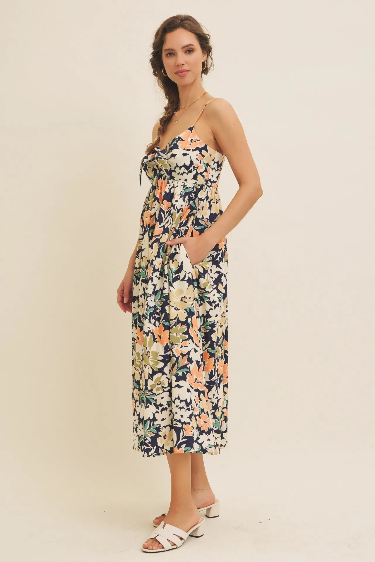 Navy Multi Floral Front Tie Sleeveless Midi Dress sold by Pinkblush product image thumbnail 4