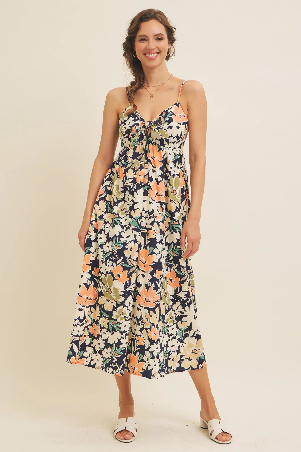 Navy Multi Floral Front Tie Sleeveless Midi Dress sold by Pinkblush product image thumbnail 2