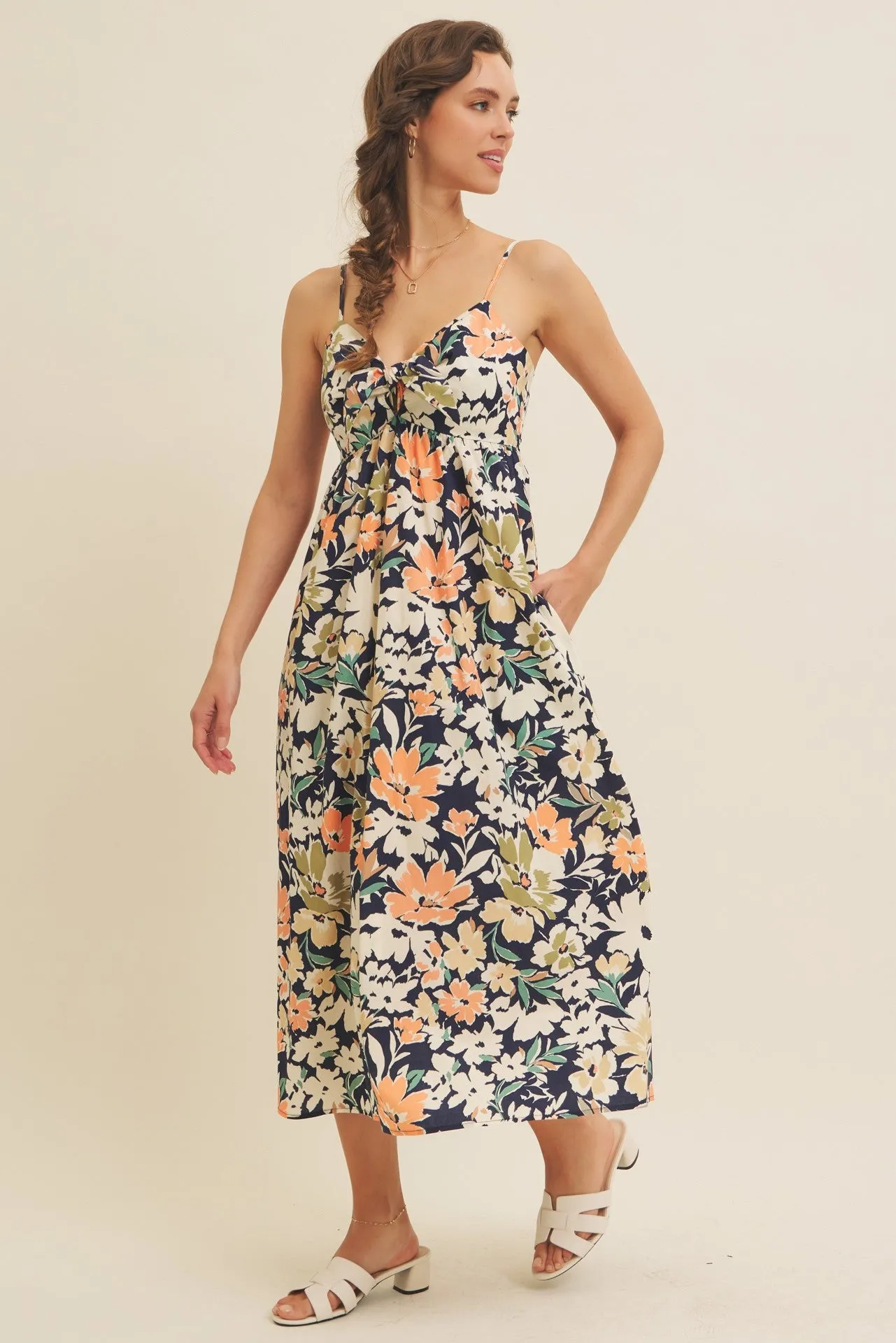 Navy Multi Floral Front Tie Sleeveless Midi Dress sold by Pinkblush product image thumbnail 3