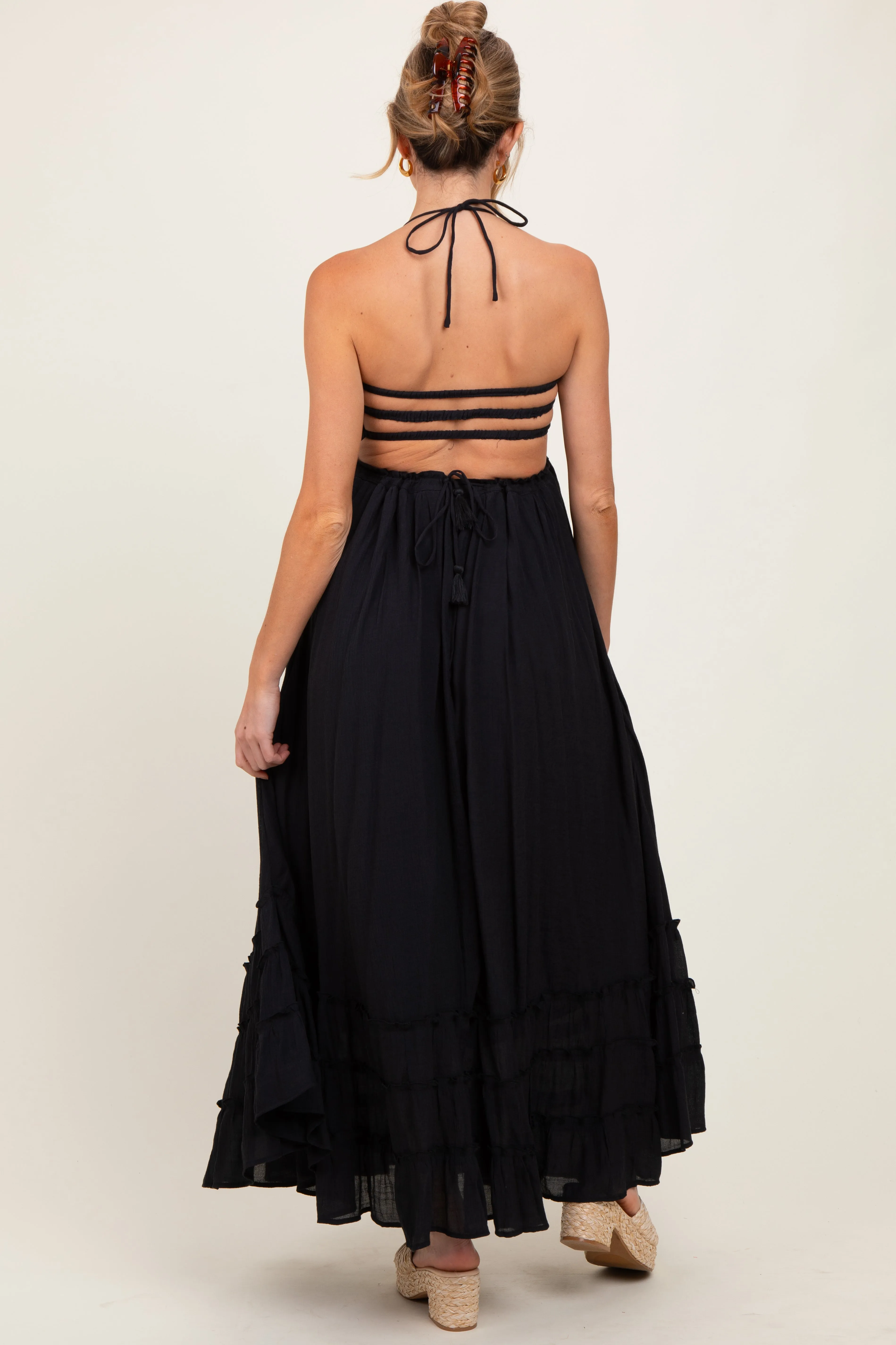 Black Halter Neck Smocked Tiered Hem Maternity Maxi Dress sold by Pinkblush product image thumbnail 3