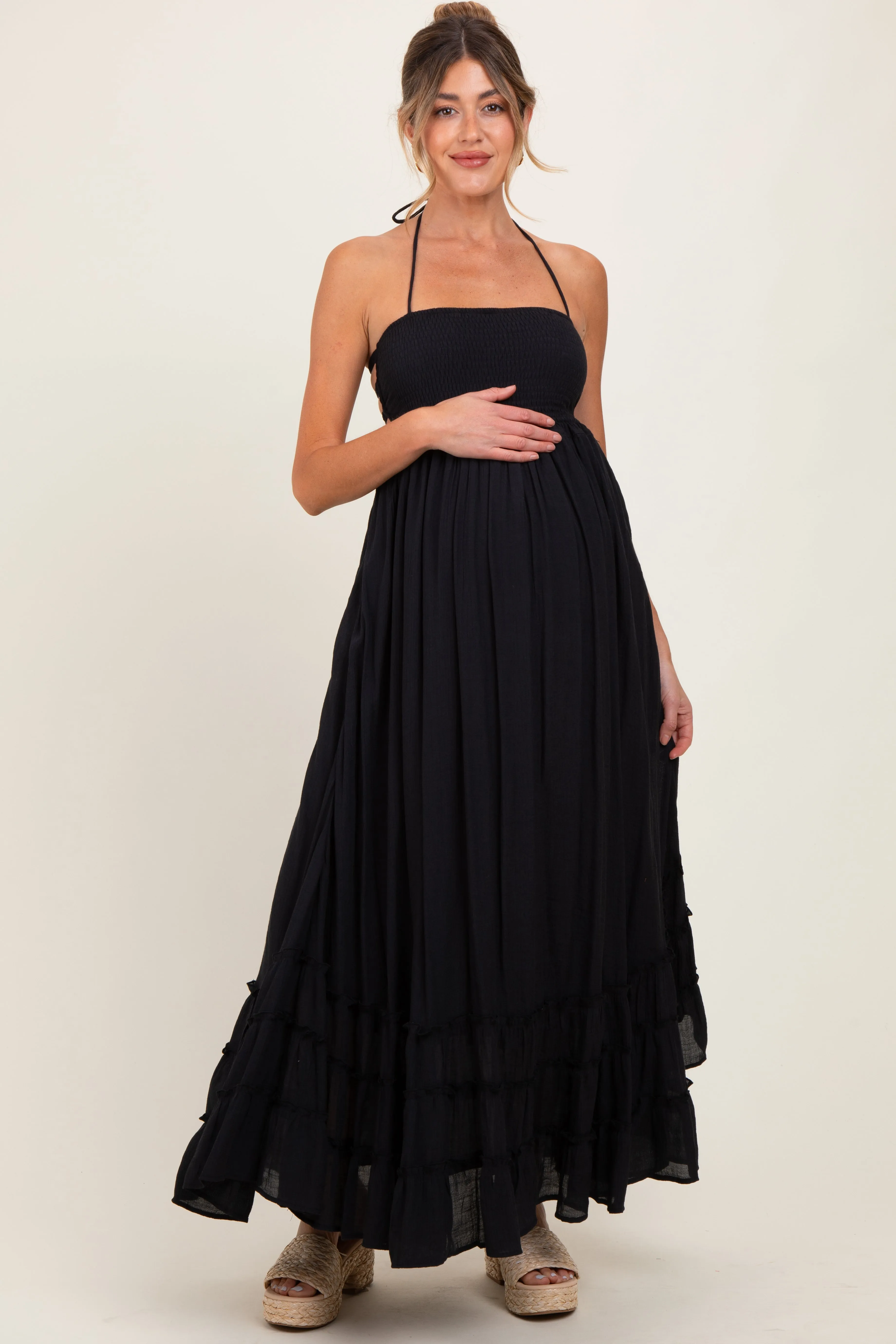 Black Halter Neck Smocked Tiered Hem Maternity Maxi Dress sold by Pinkblush