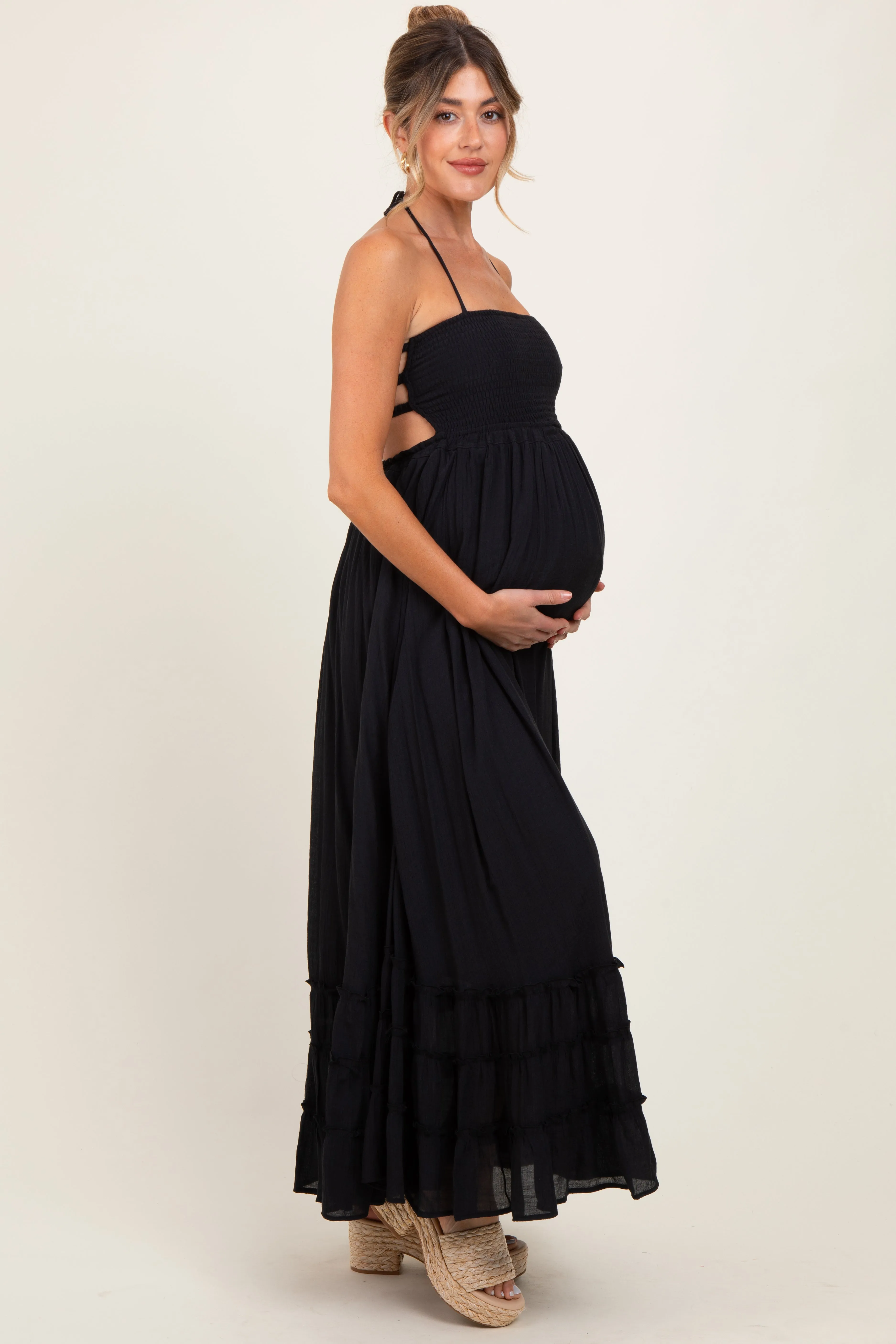 Black Halter Neck Smocked Tiered Hem Maternity Maxi Dress sold by Pinkblush product image thumbnail 2
