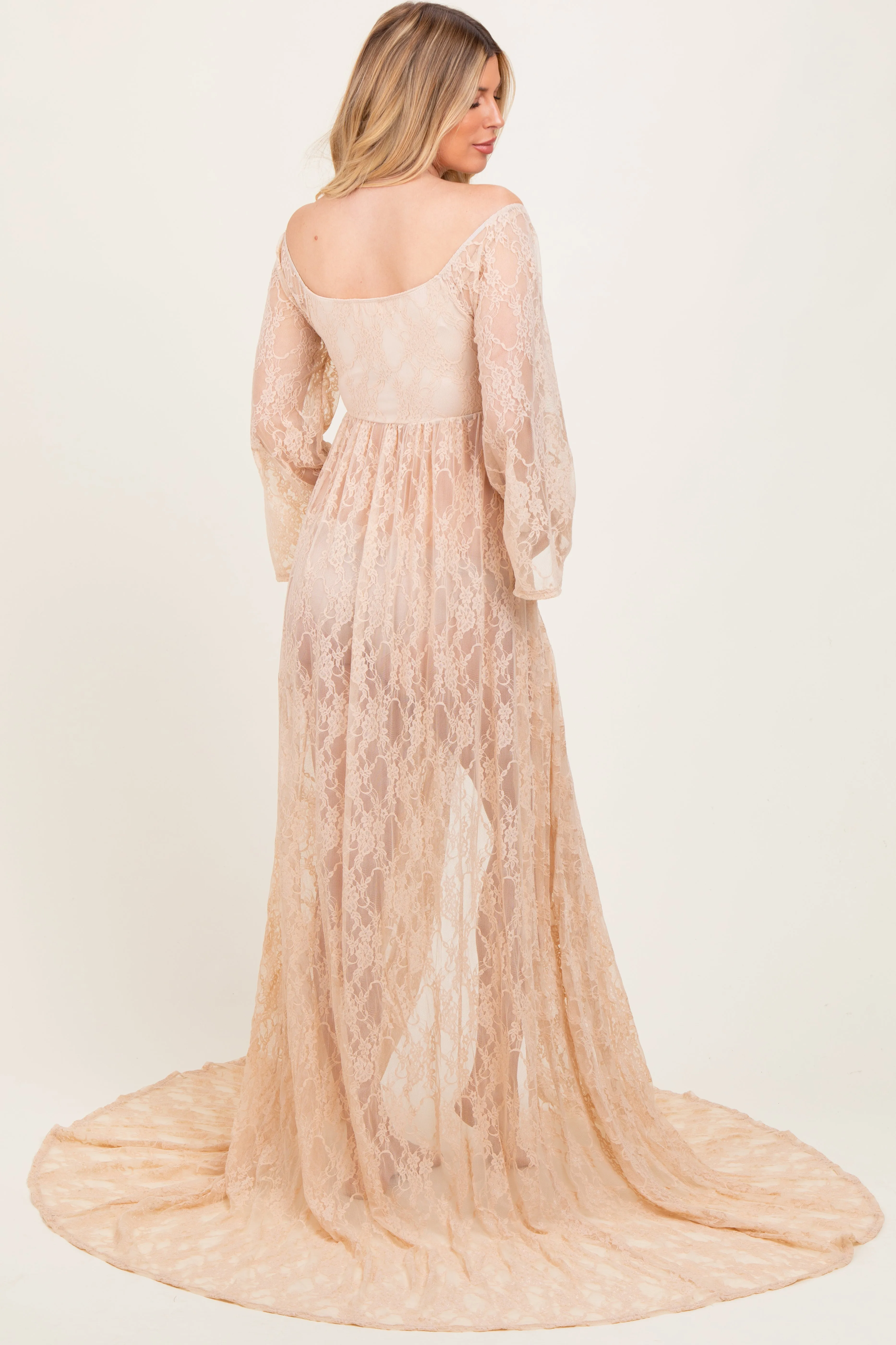 Beige Lace Long Sleeve Off Shoulder Slit Draped Maternity Photoshoot Dress sold by Pinkblush product image thumbnail 4