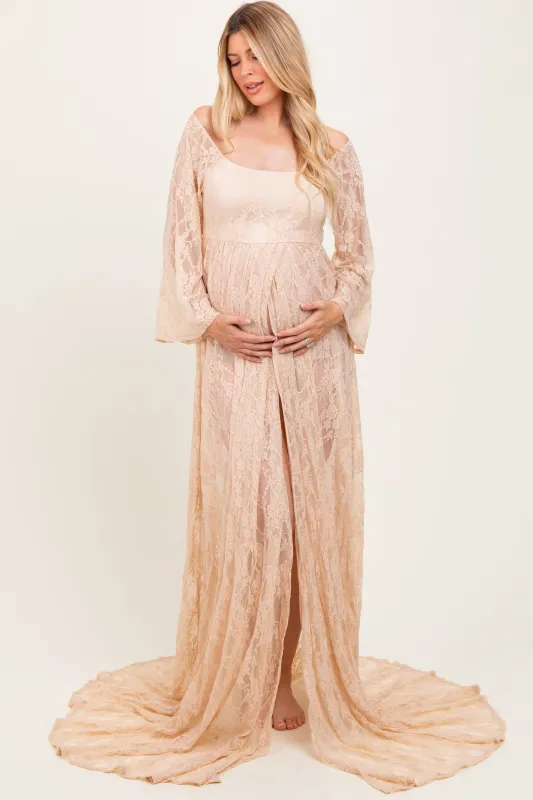 Beige Lace Long Sleeve Off Shoulder Slit Draped Maternity Photoshoot Dress sold by Pinkblush