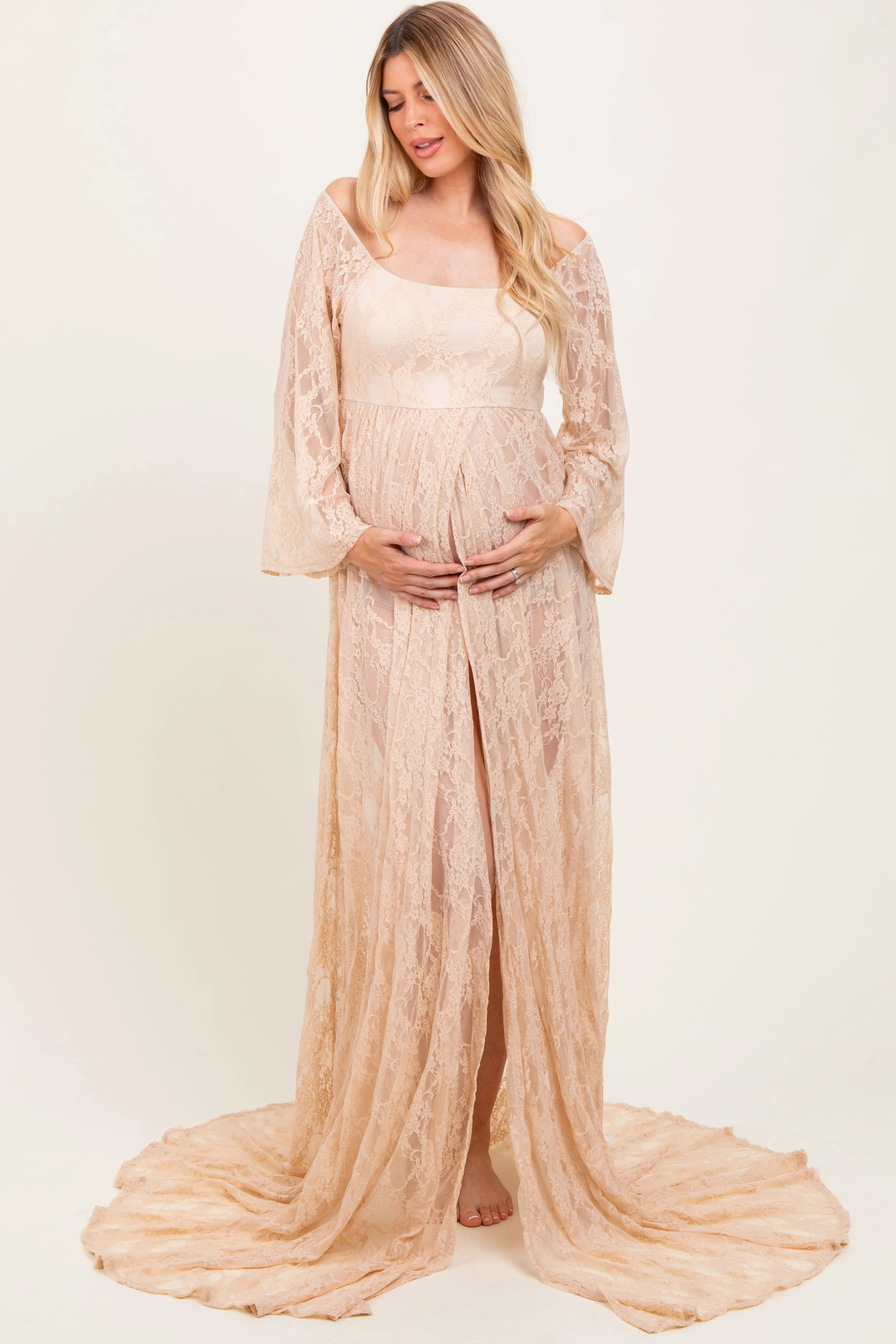 Beige Lace Long Sleeve Off Shoulder Slit Draped Maternity Photoshoot Dress sold by Pinkblush
