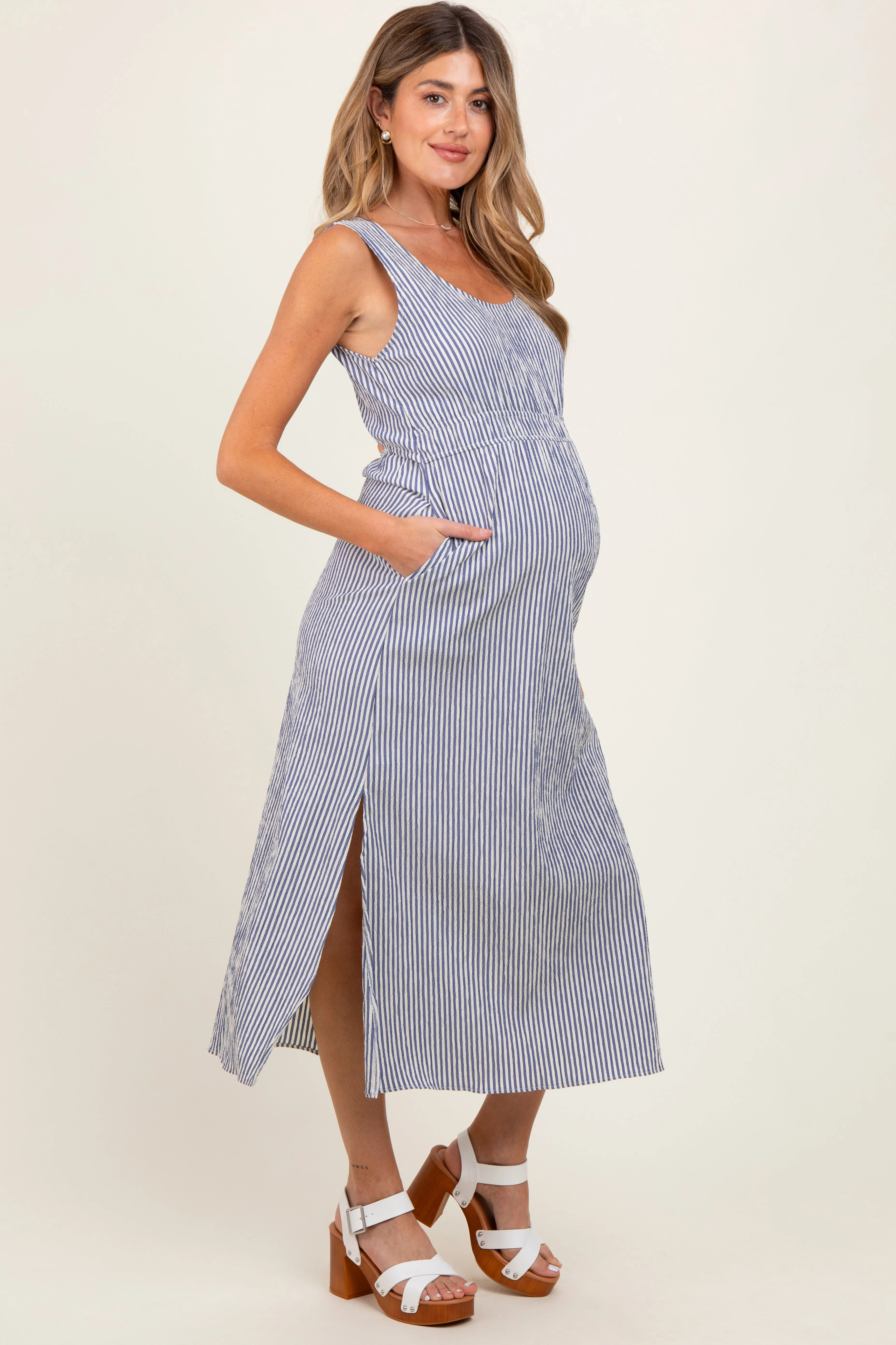 Navy Striped Sleeveless Cutout Side Slit Maternity Maxi Dress sold by Pinkblush product image thumbnail 2