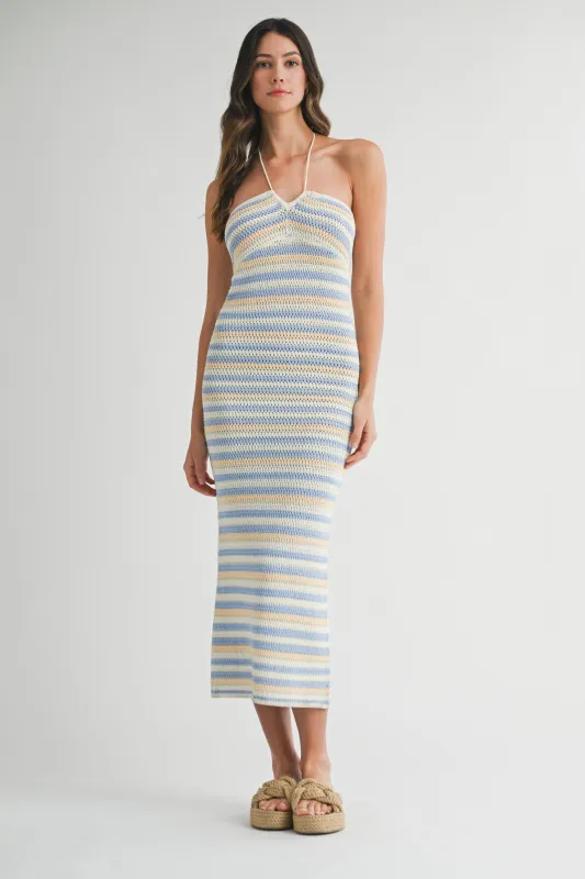 Blue Striped Halter Crochet Knit Midi Dress sold by Pinkblush