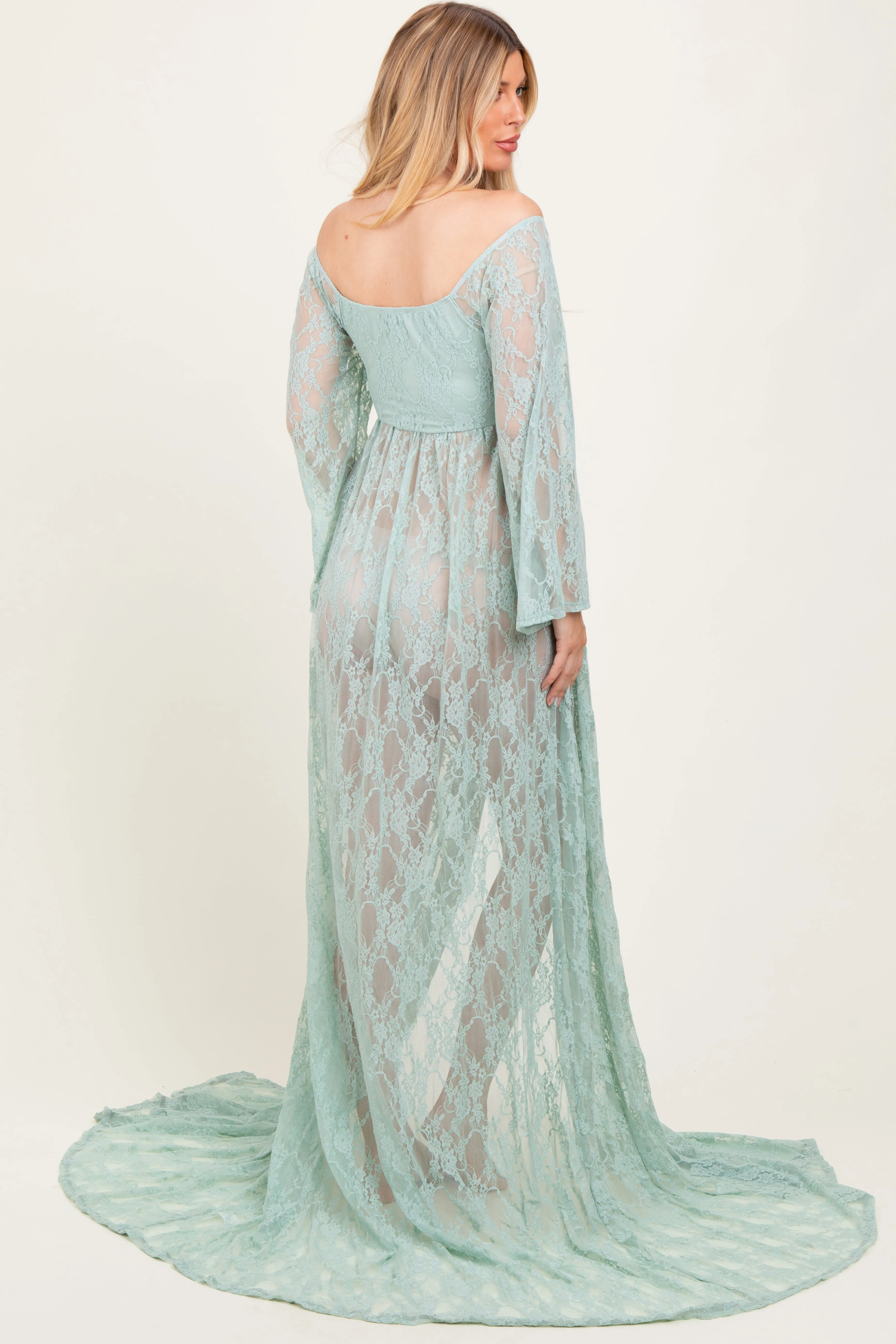 Mint Lace Long Sleeve Off Shoulder Slit Draped Maternity Photoshoot Dress sold by Pinkblush product image thumbnail 3
