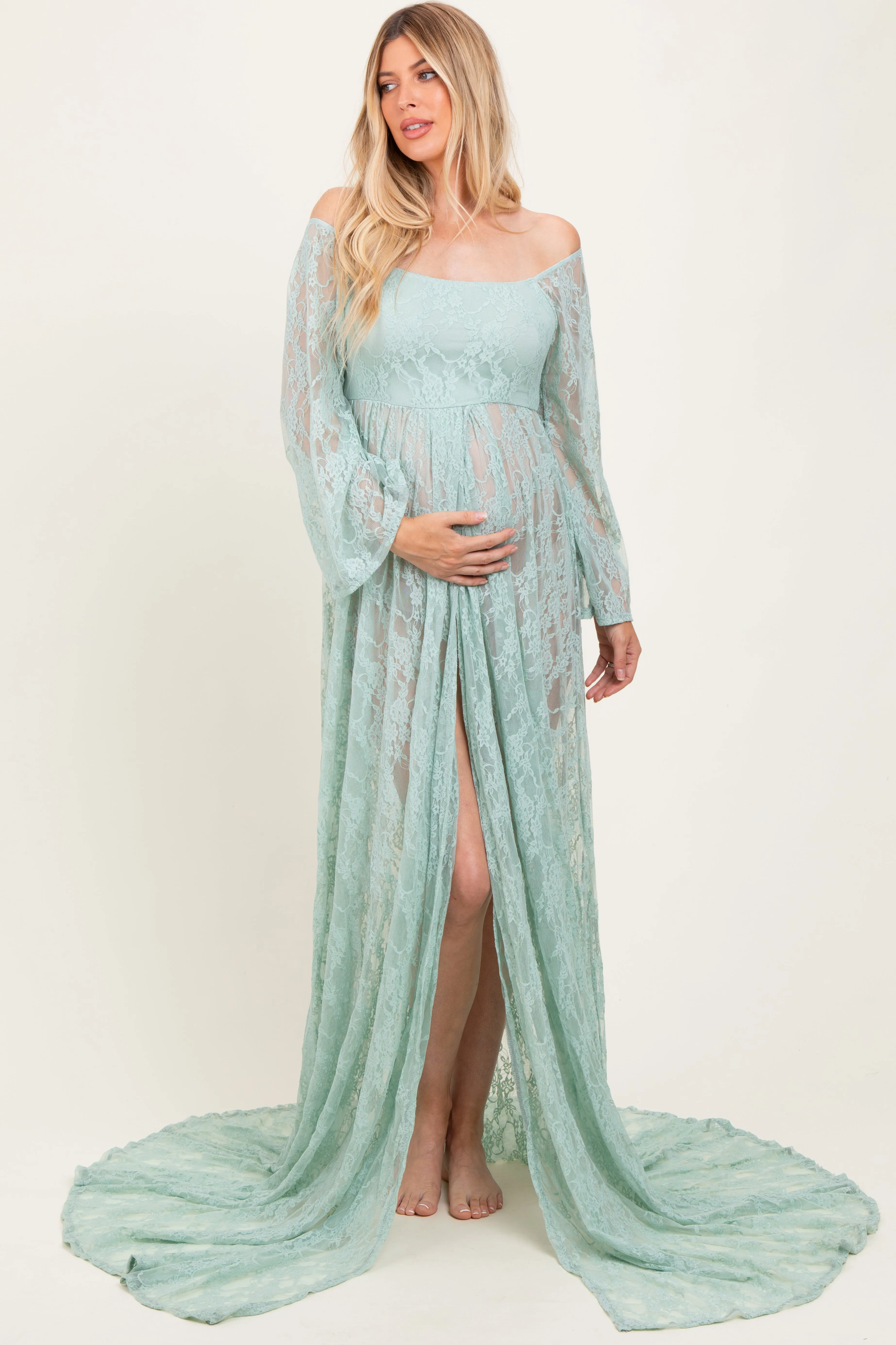 Mint Lace Long Sleeve Off Shoulder Slit Draped Maternity Photoshoot Dress sold by Pinkblush