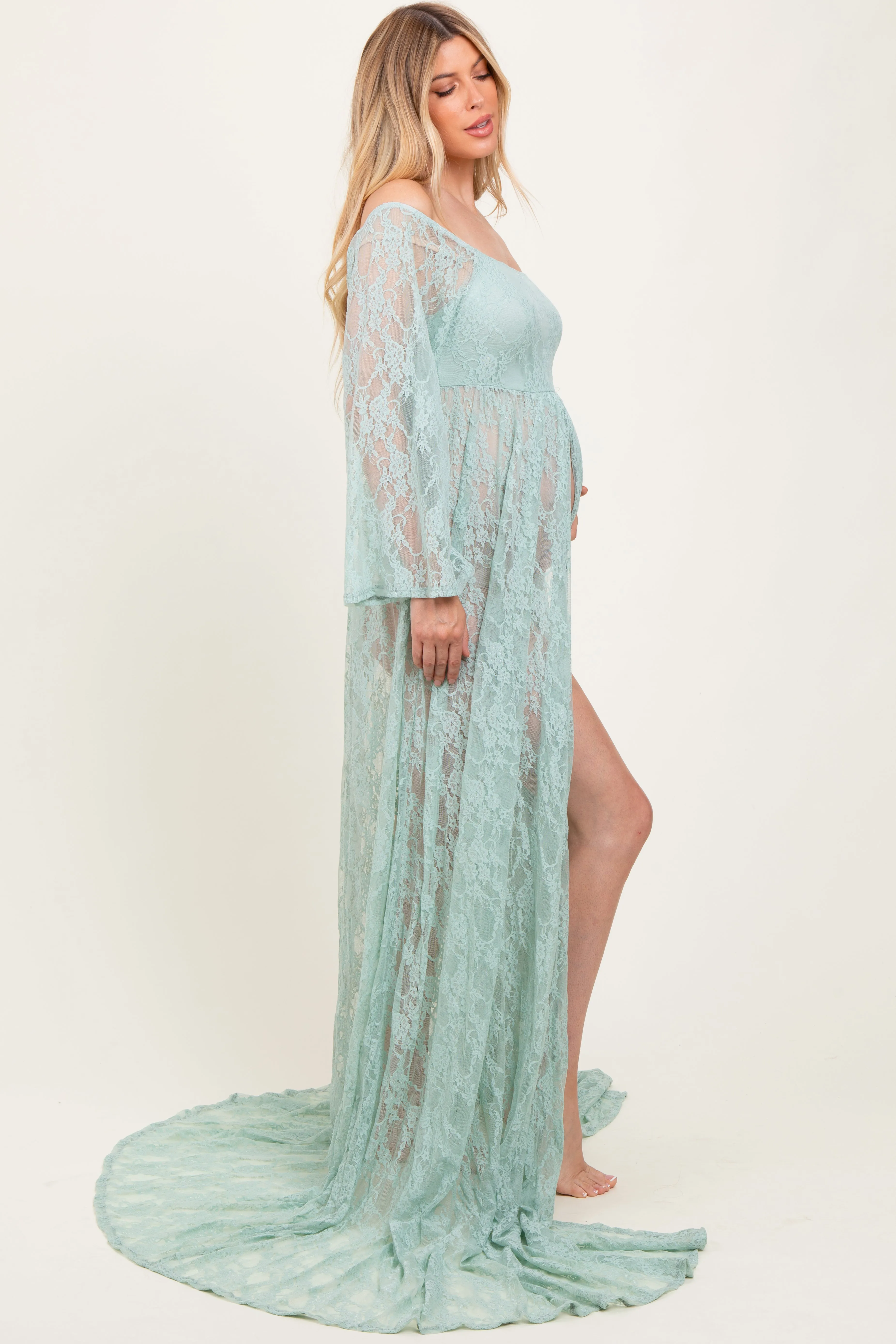 Mint Lace Long Sleeve Off Shoulder Slit Draped Maternity Photoshoot Dress sold by Pinkblush product image thumbnail 2