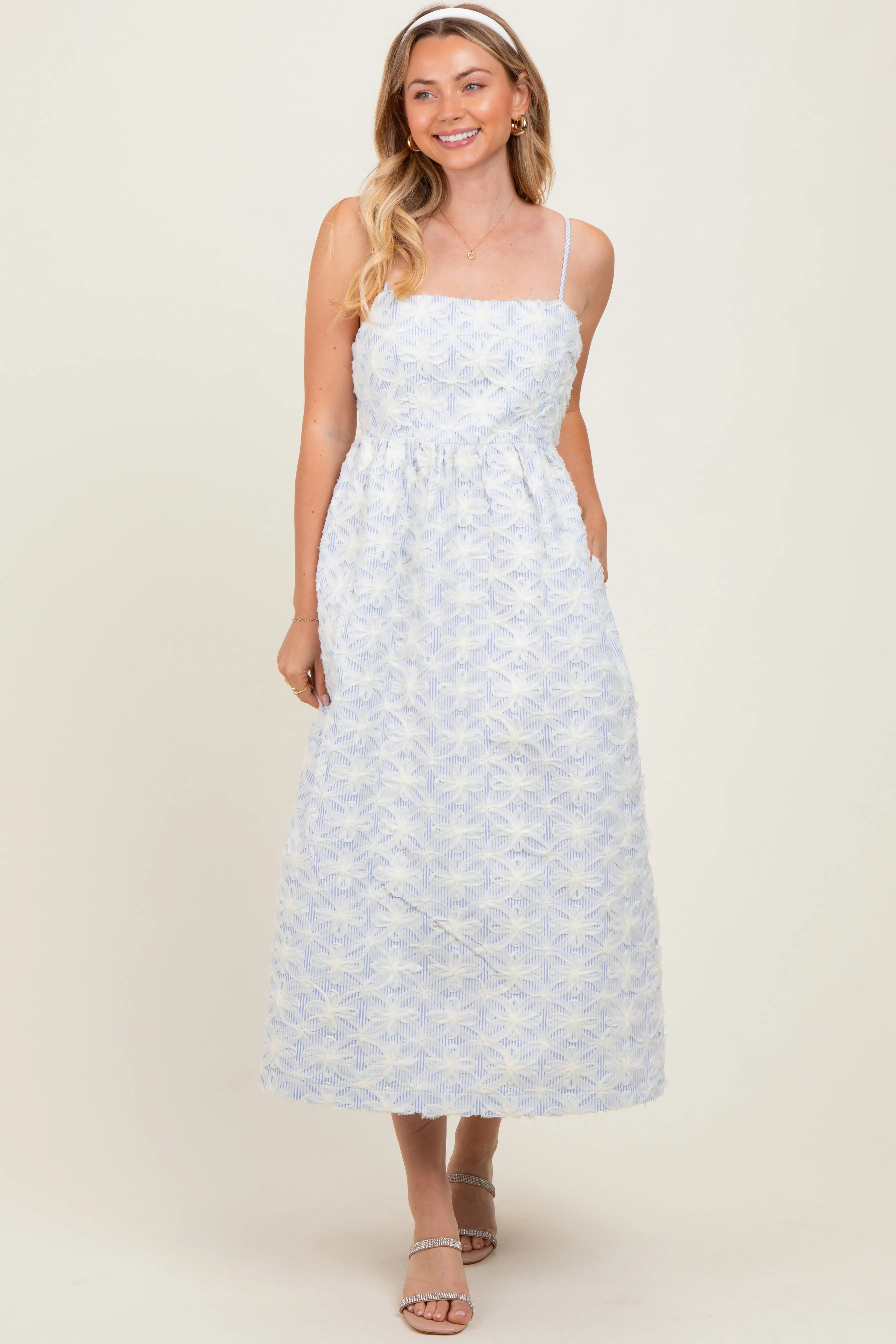 Blue Striped Floral Applique Maternity Midi Dress sold by Pinkblush product image thumbnail 3