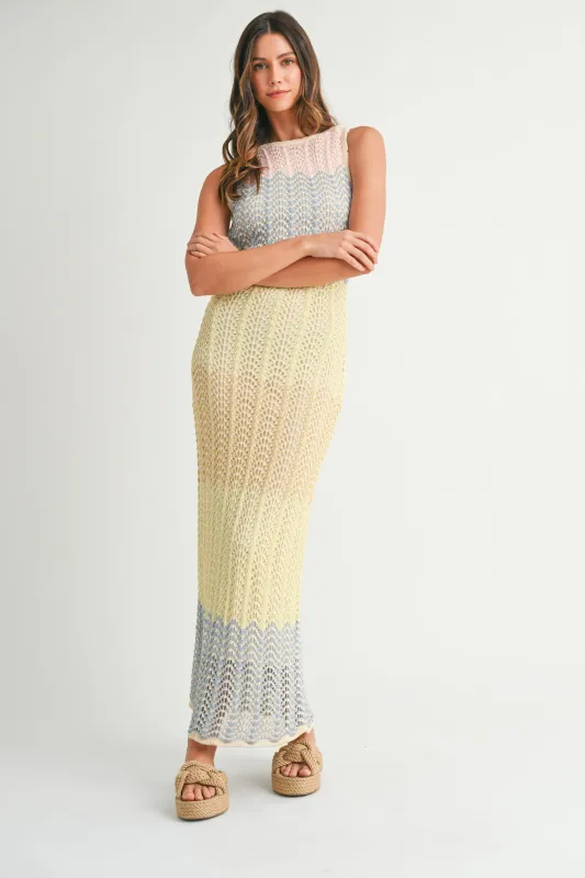 Yellow Colorblock Crochet Knit Open Tie Back Maxi Dress sold by Pinkblush