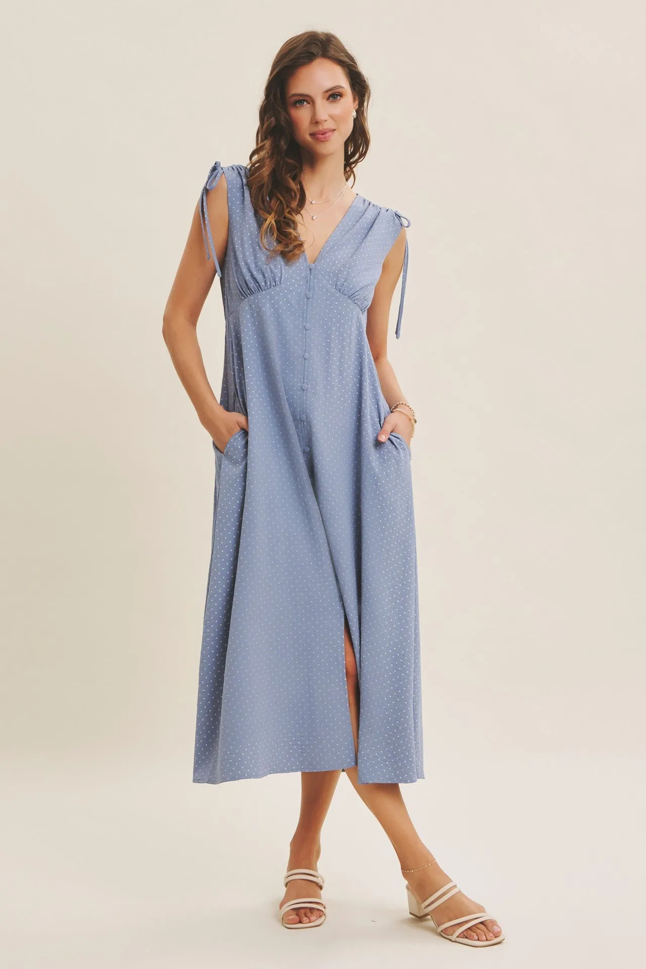 Blue Button-Down Polka Dot Shirred Bow Midi Dress sold by Pinkblush product image thumbnail 3