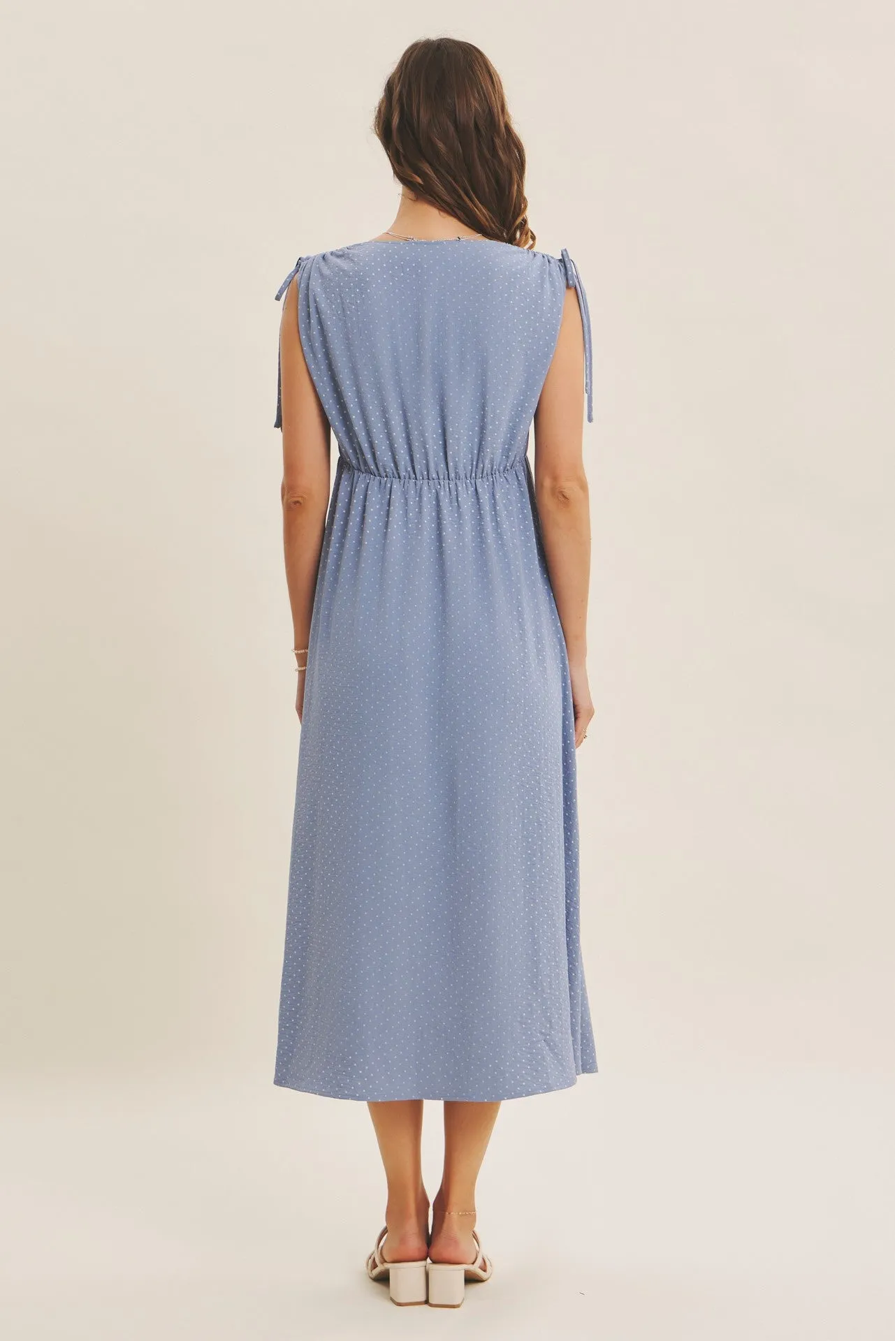 Blue Button-Down Polka Dot Shirred Bow Midi Dress sold by Pinkblush product image thumbnail 4