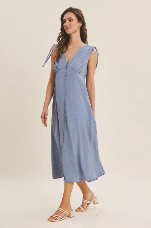 Blue Button-Down Polka Dot Shirred Bow Midi Dress sold by Pinkblush