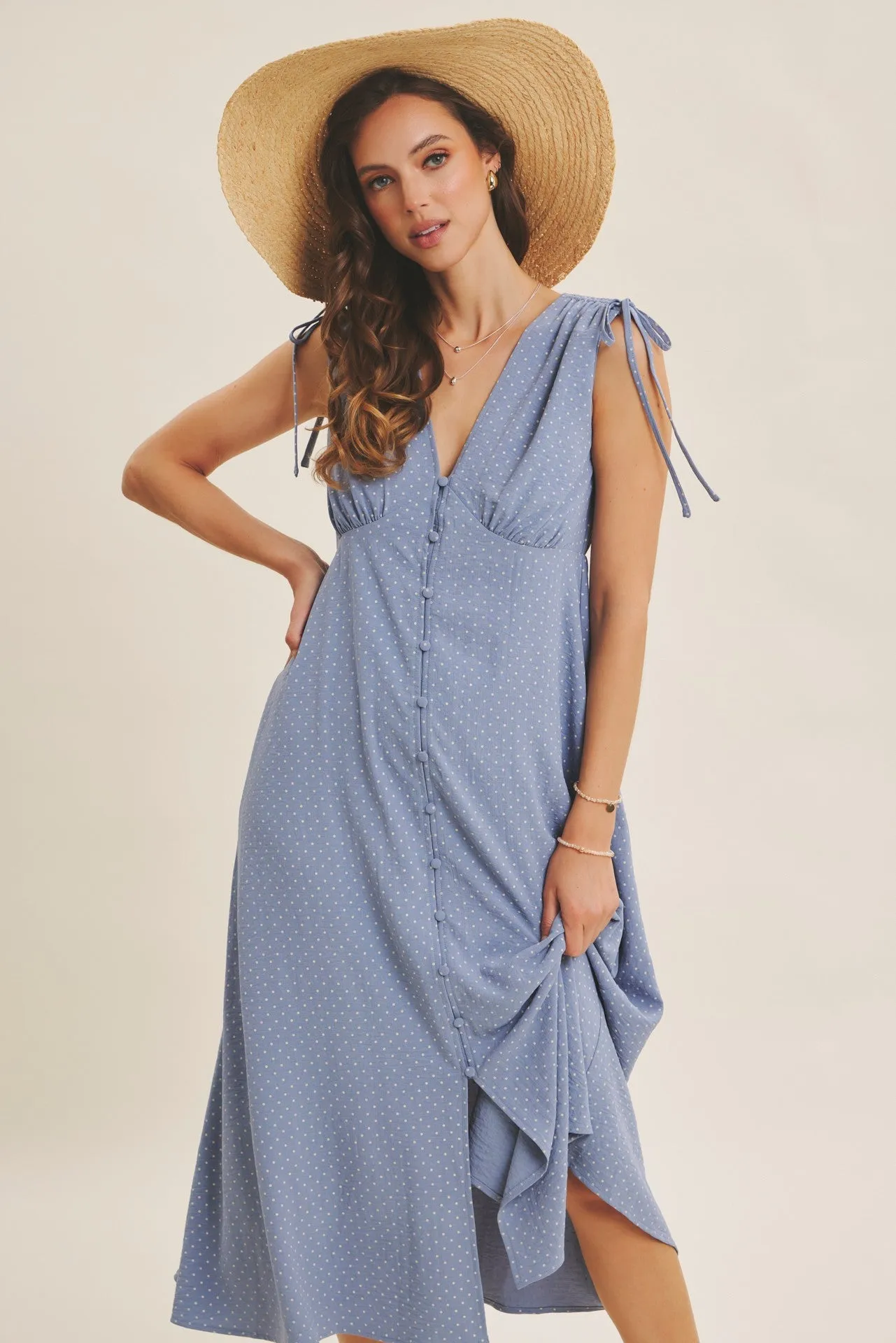 Blue Button-Down Polka Dot Shirred Bow Midi Dress sold by Pinkblush product image thumbnail 5