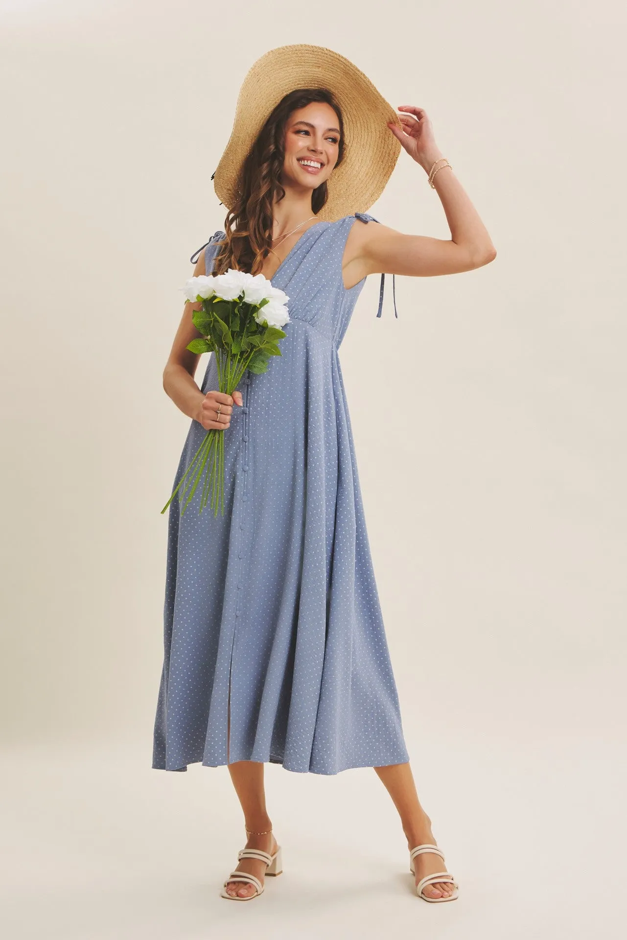 Blue Button-Down Polka Dot Shirred Bow Midi Dress sold by Pinkblush product image thumbnail 2