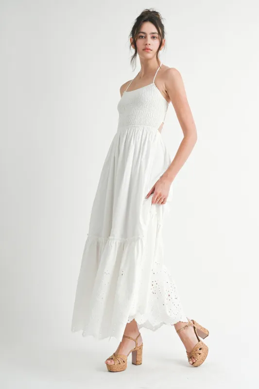 White Smocked Open Back Lace Hem Maxi Dress sold by Pinkblush
